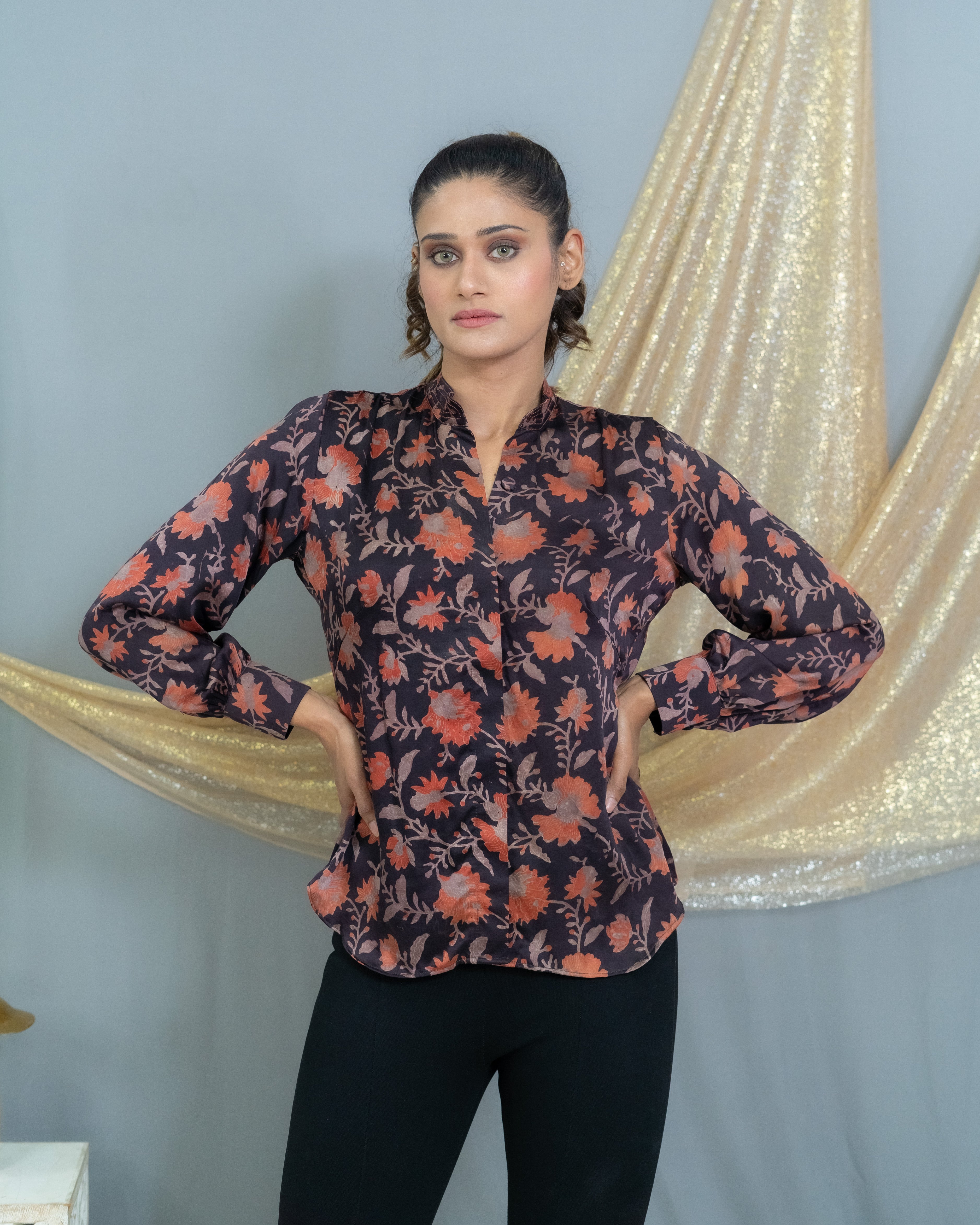 Black with pink vanaspati handblock printed floral modal satin shirt