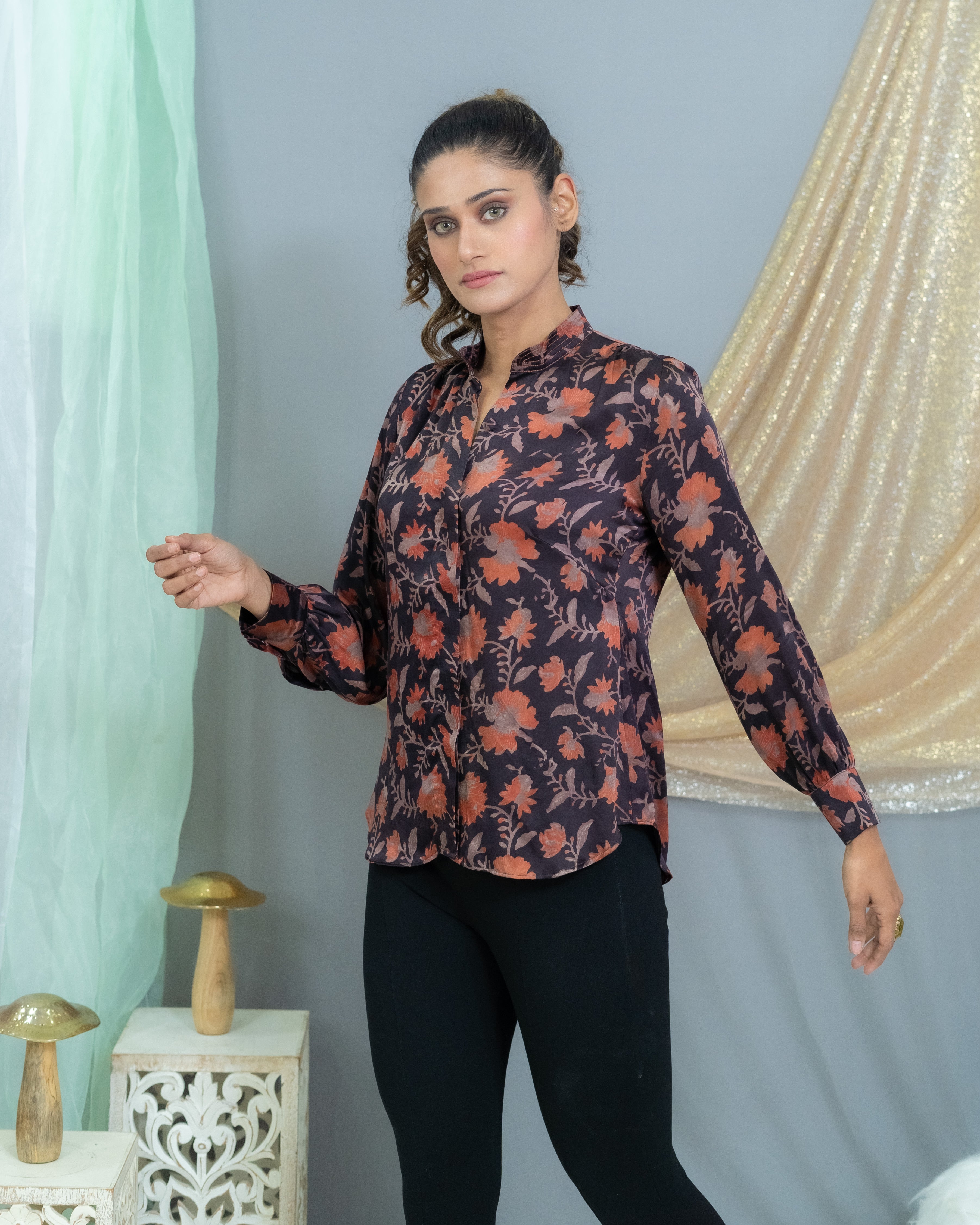 Black with pink vanaspati handblock printed floral modal satin shirt