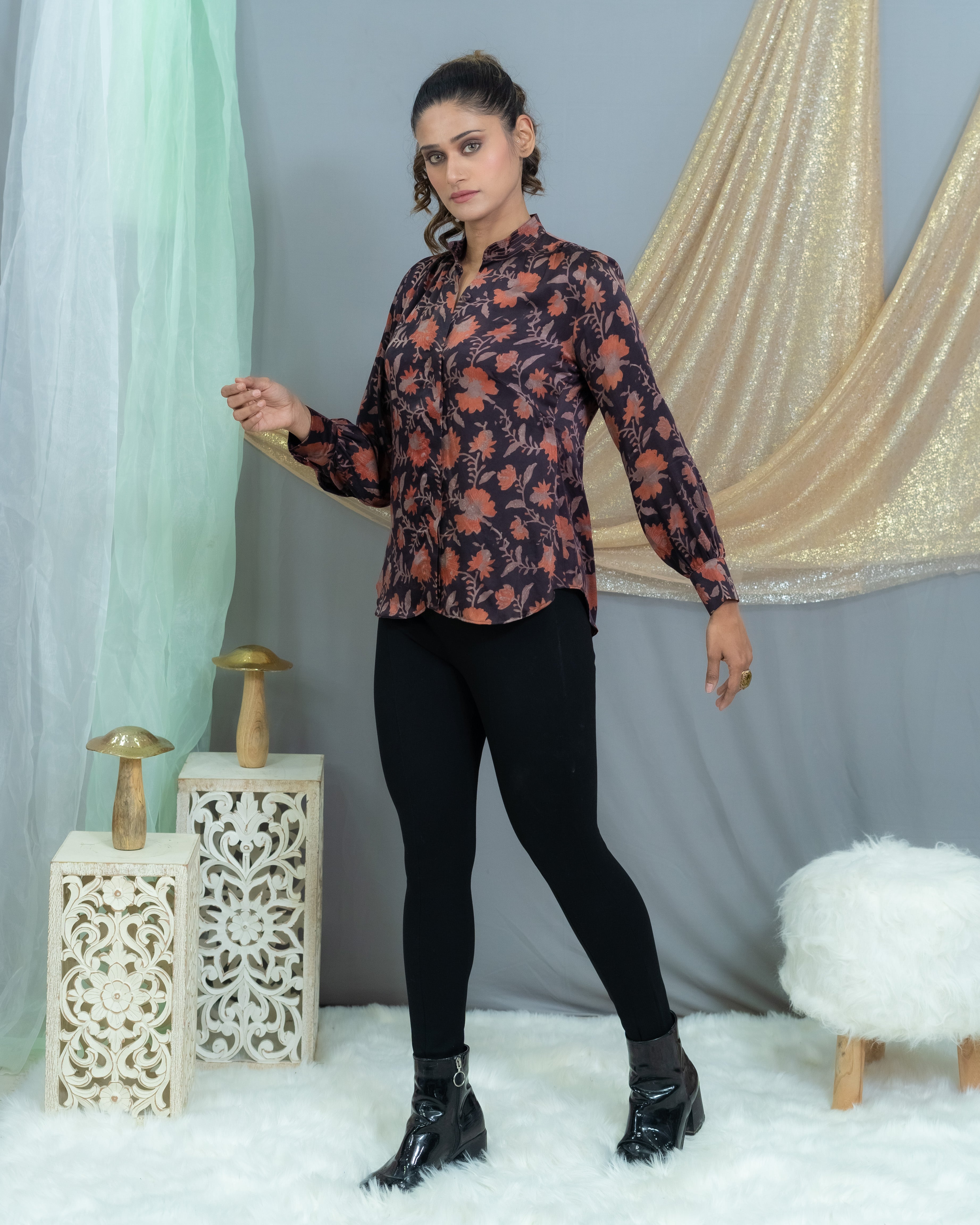 Black with pink vanaspati handblock printed floral modal satin shirt