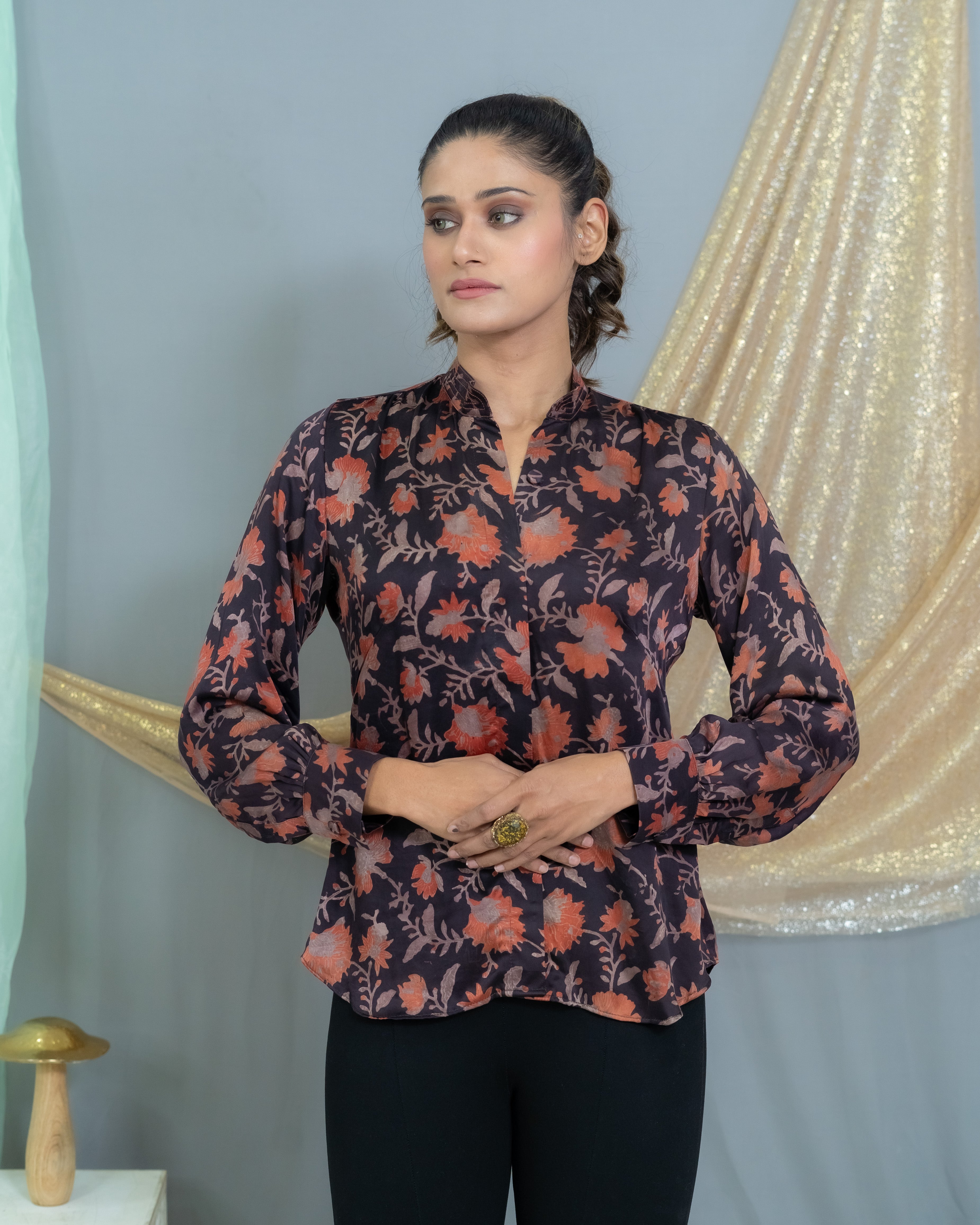 Black with pink vanaspati handblock printed floral modal satin shirt