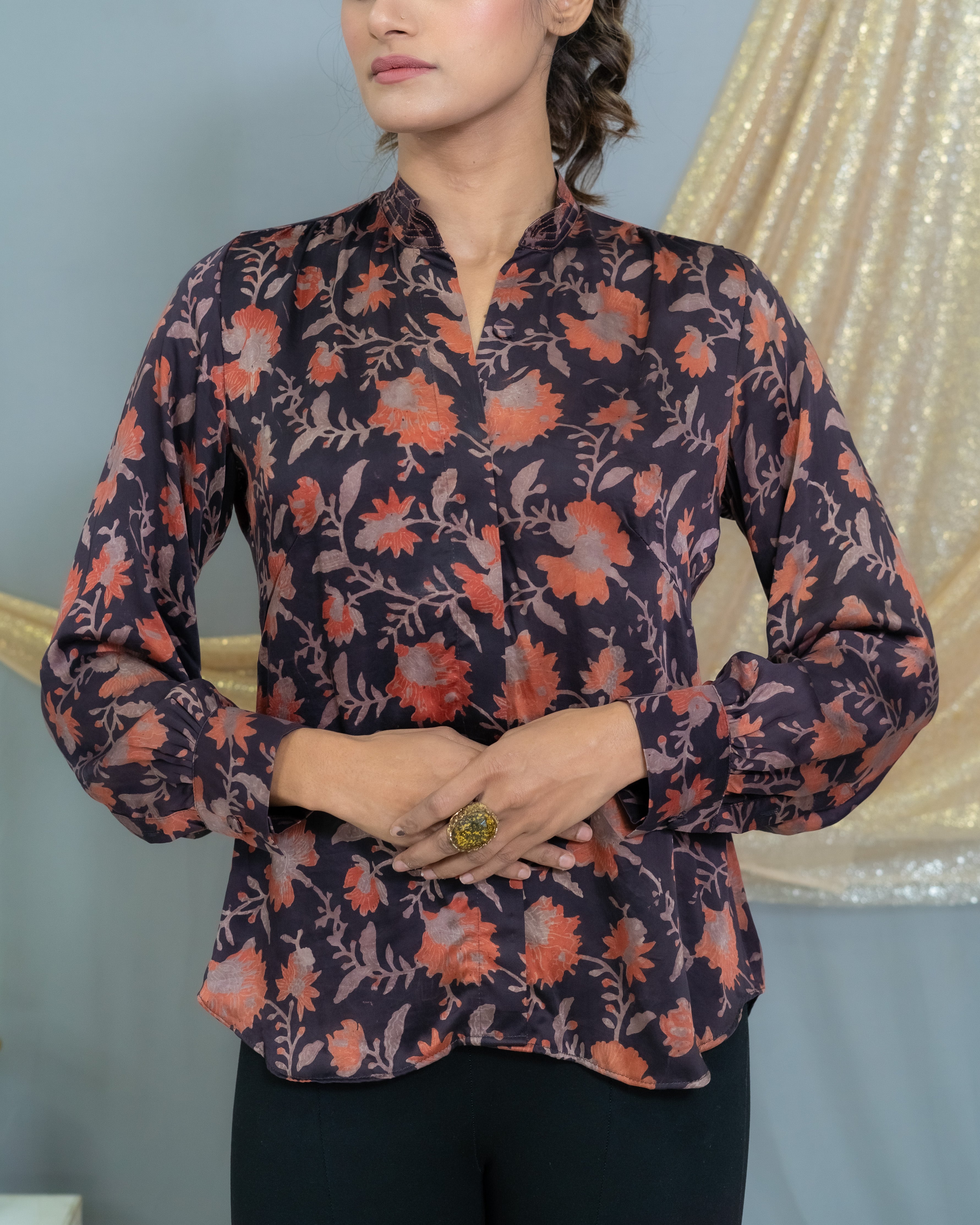 Black with pink vanaspati handblock printed floral modal satin shirt