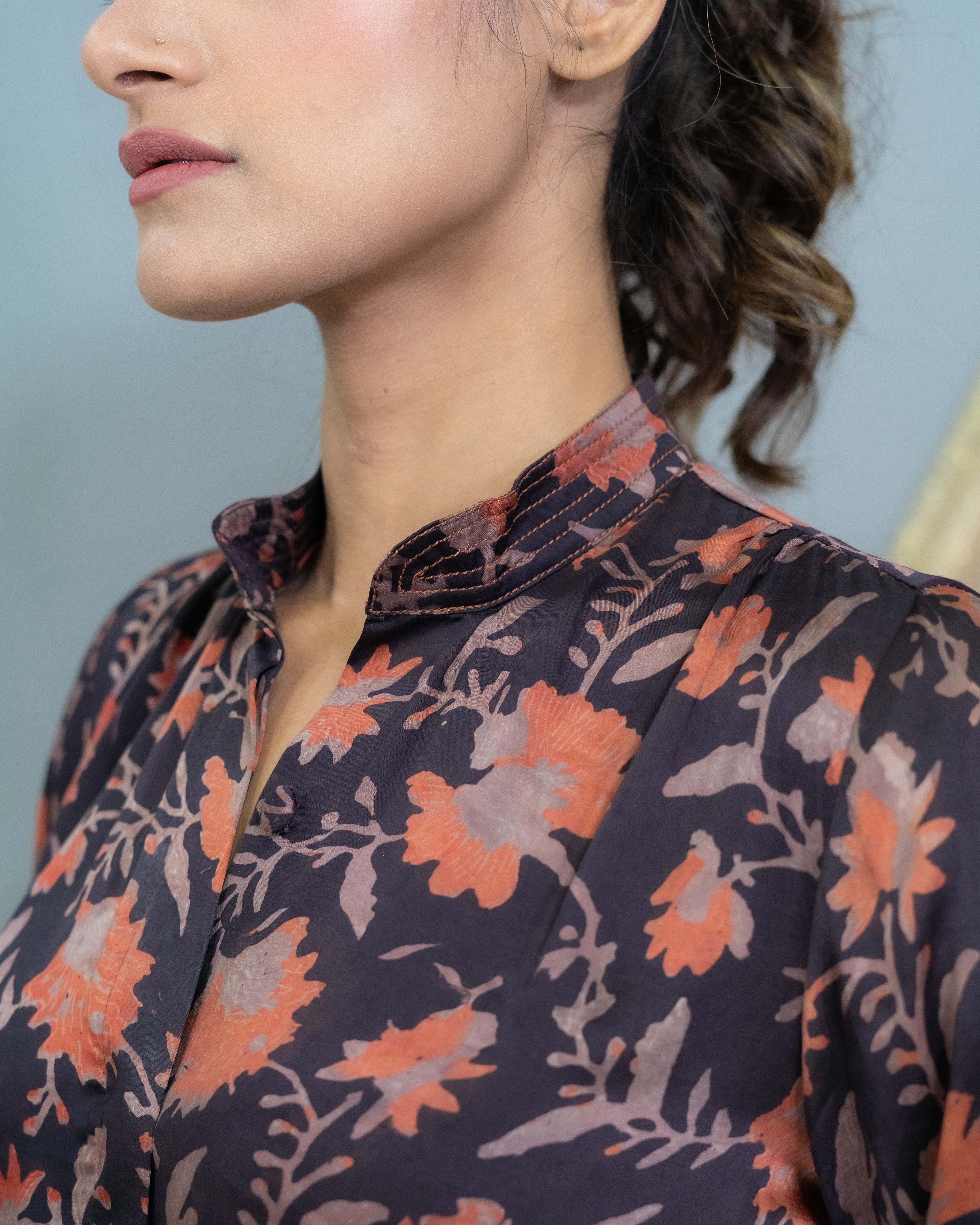 Black with pink vanaspati handblock printed floral modal satin shirt