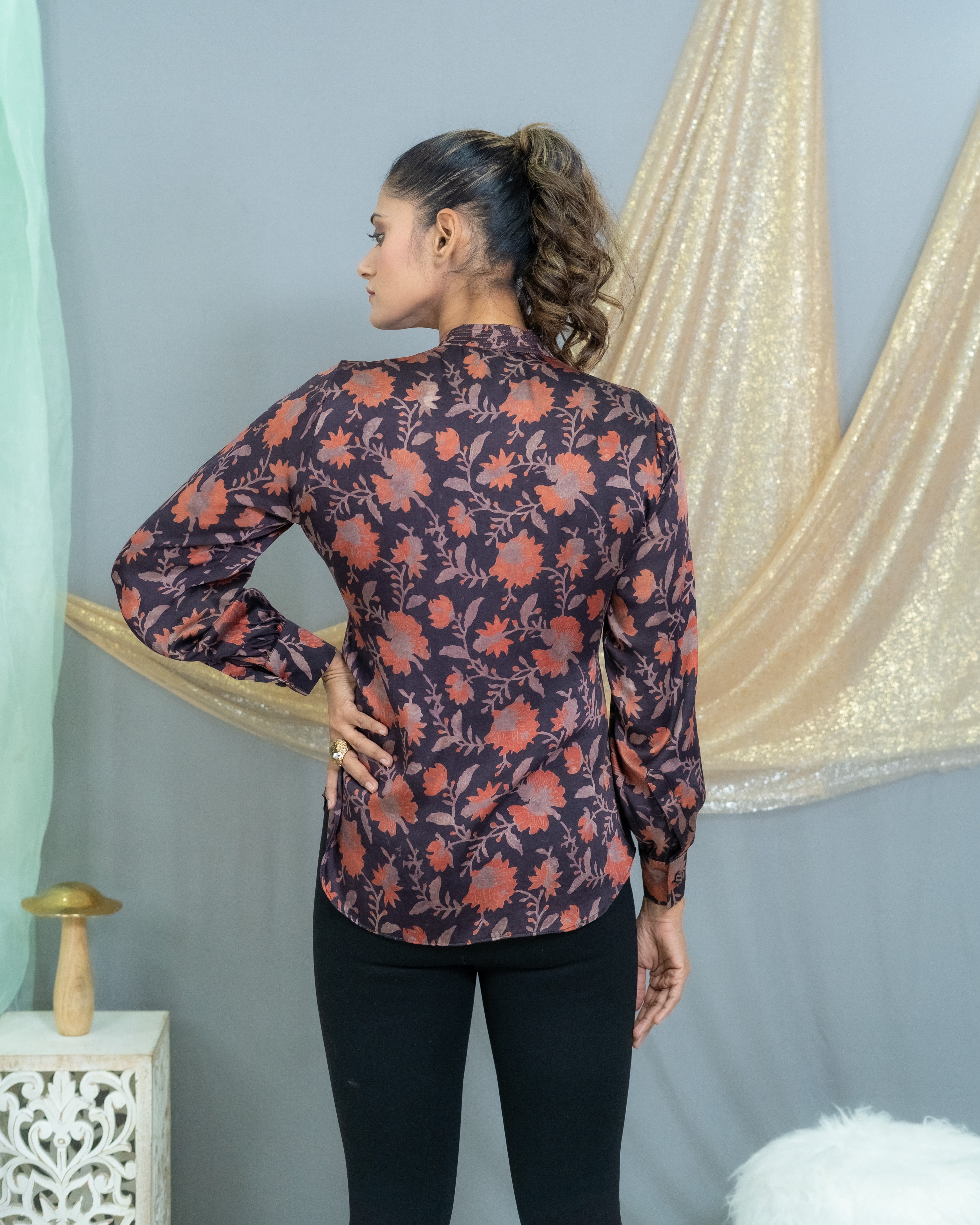 Black with pink vanaspati handblock printed floral modal satin shirt