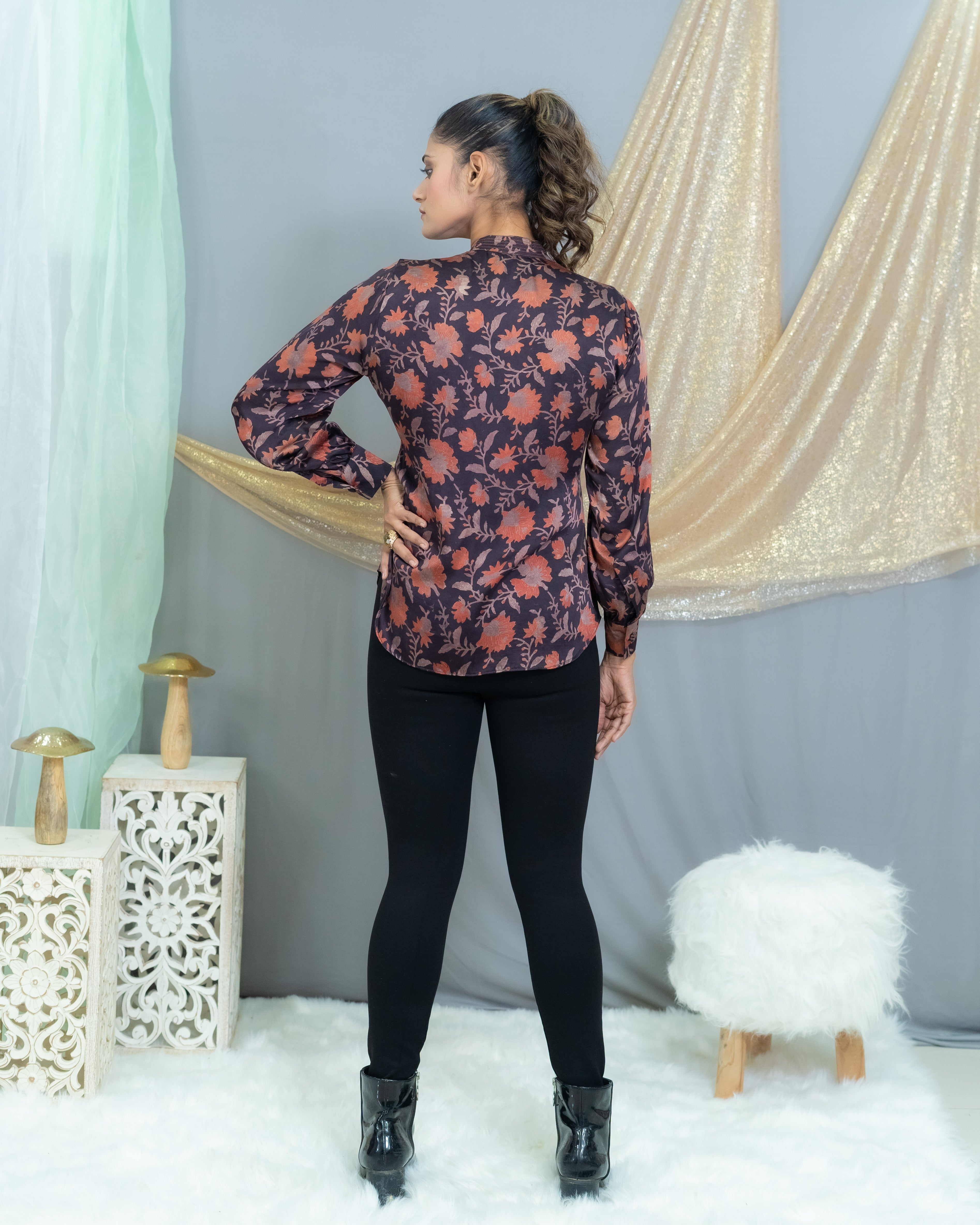 Black with pink vanaspati handblock printed floral modal satin shirt