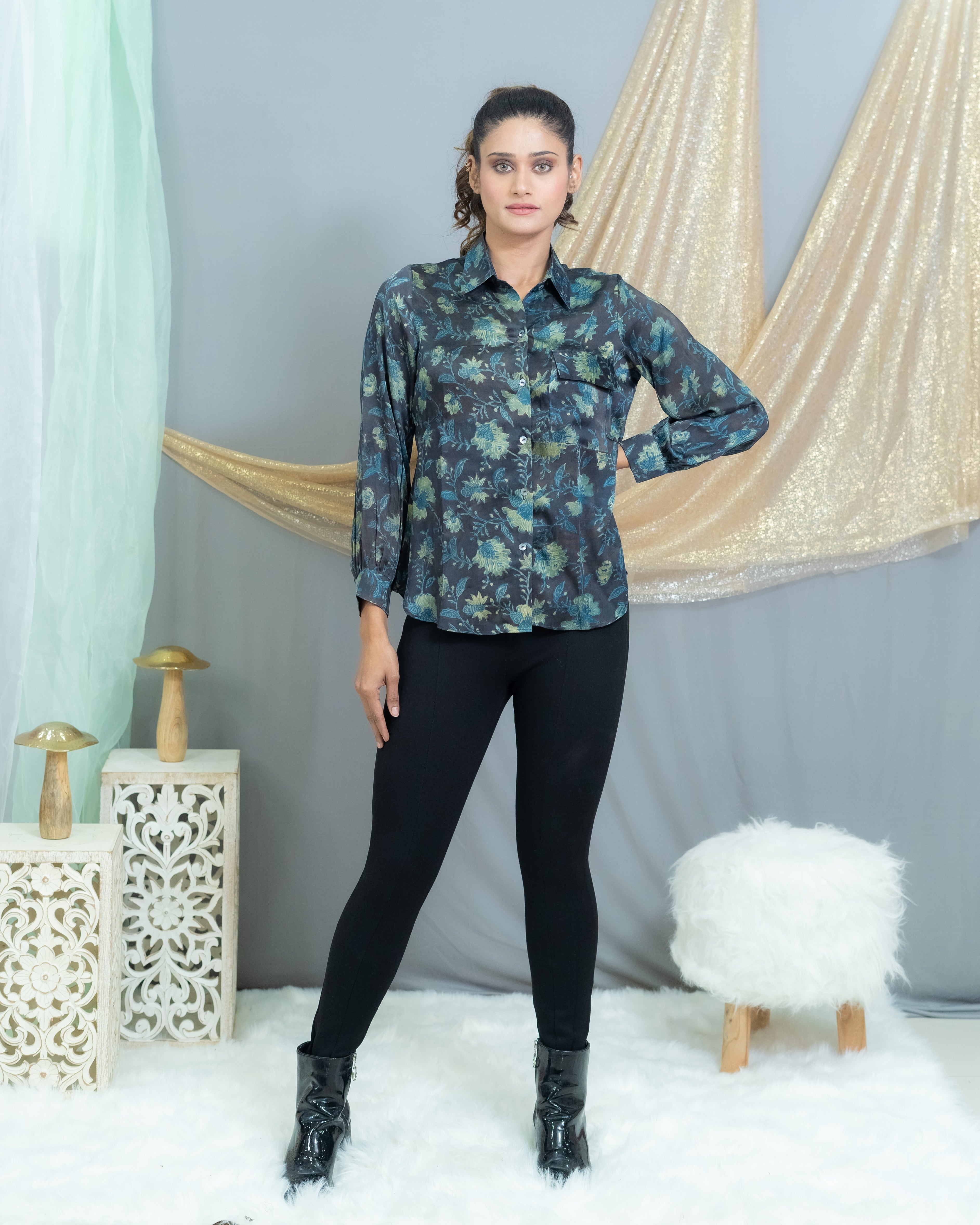 Black & Indigo vanaspati handblock printed modal satin shirt