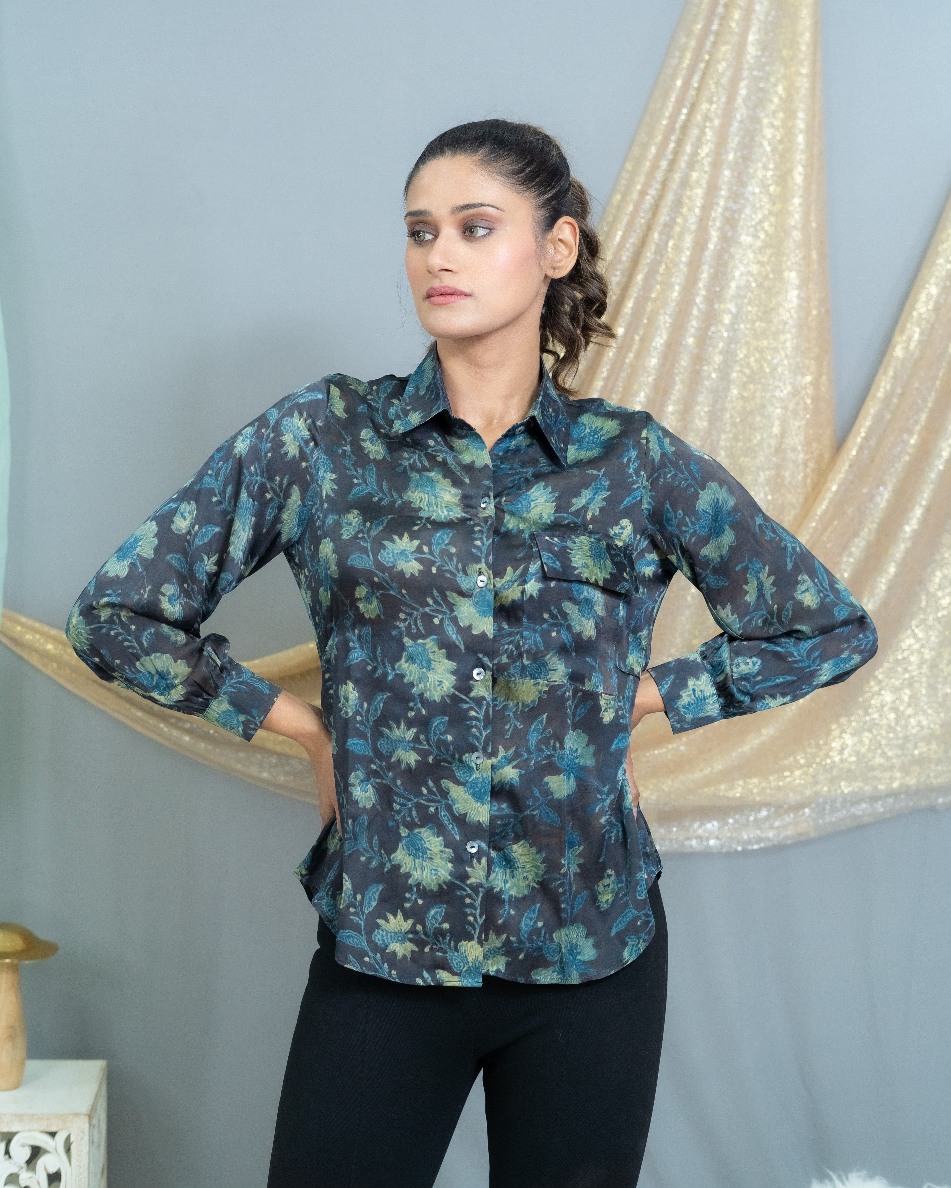 Black & Indigo vanaspati handblock printed modal satin shirt