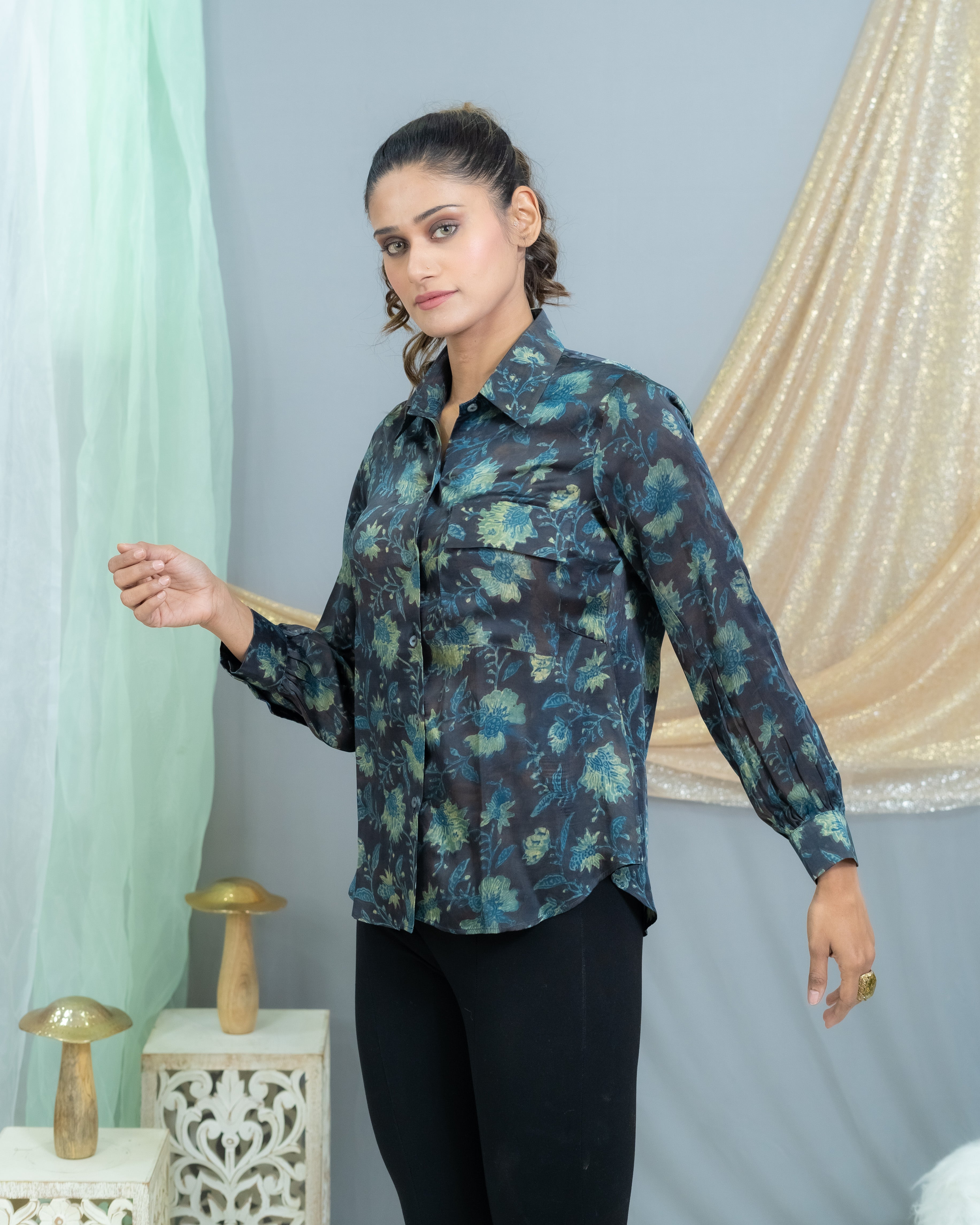 Black & Indigo vanaspati handblock printed modal satin shirt