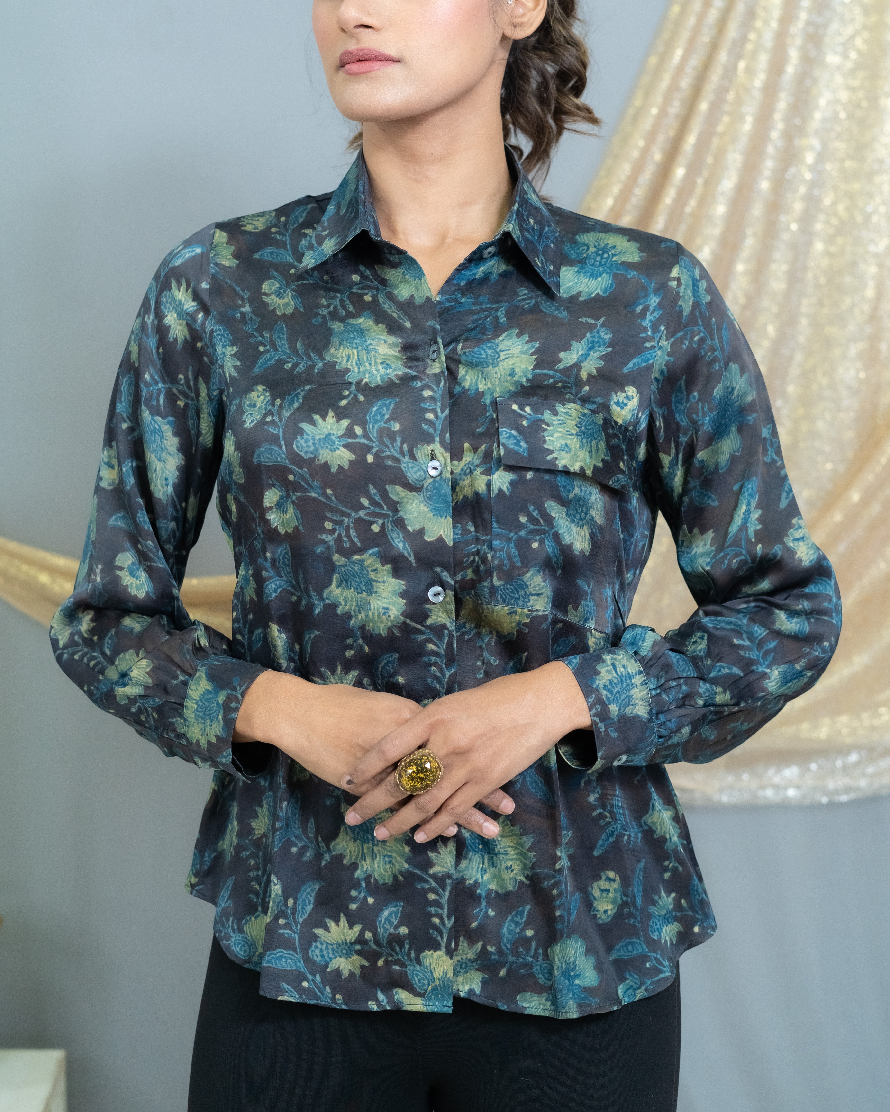 Black & Indigo vanaspati handblock printed modal satin shirt