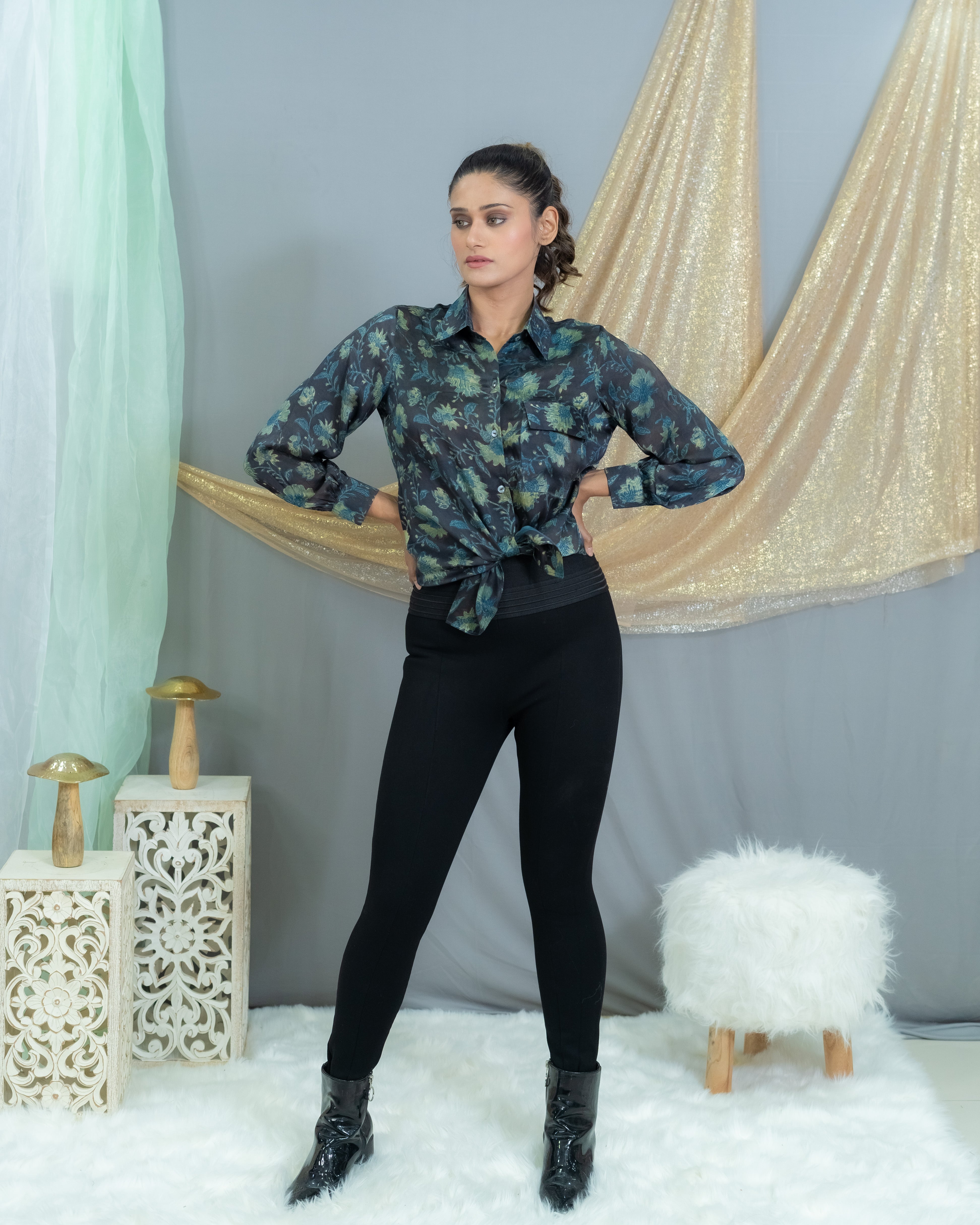Black & Indigo vanaspati handblock printed modal satin shirt