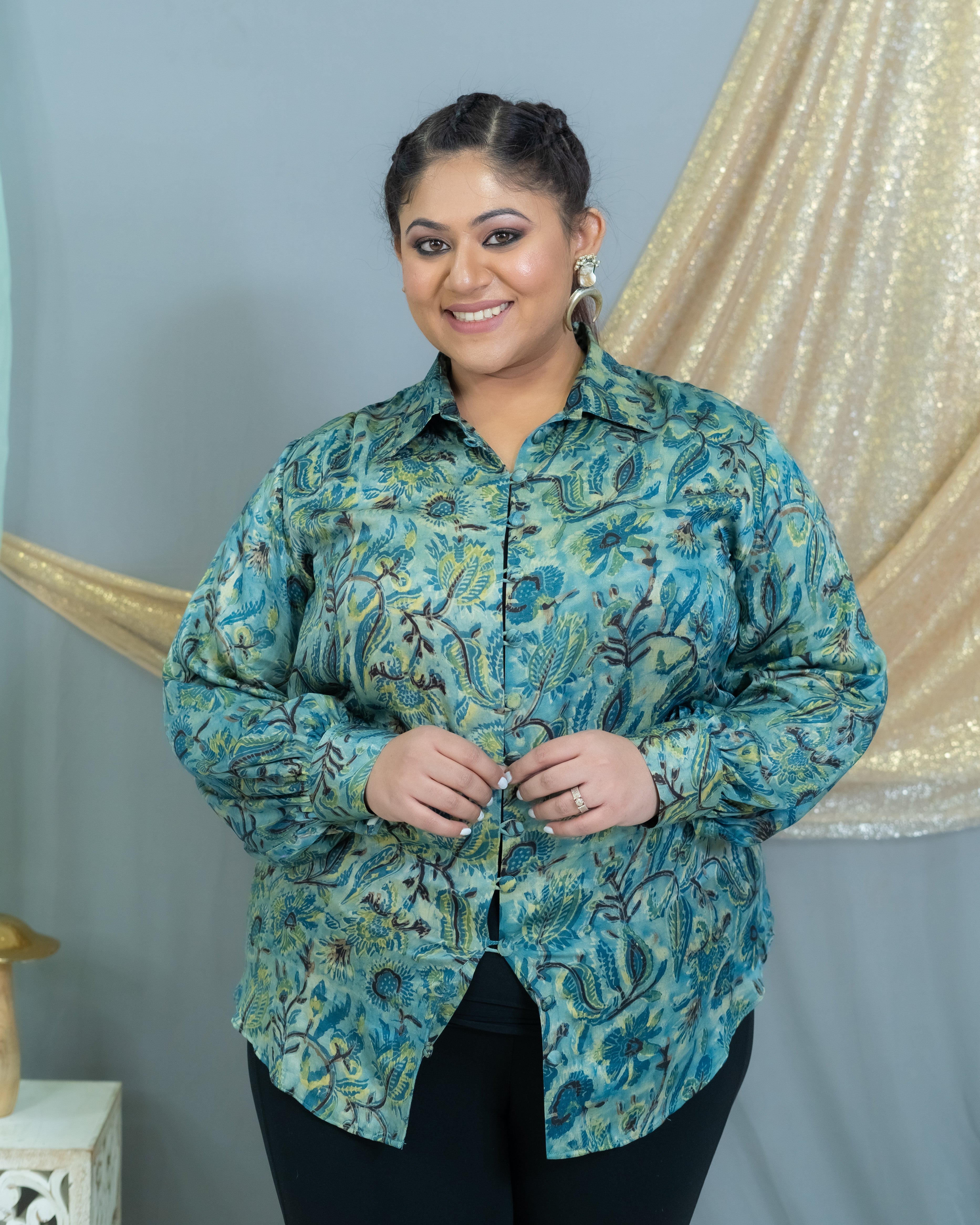 Indigo Vanaspati Handblock Printed Modal Satin Shirt
