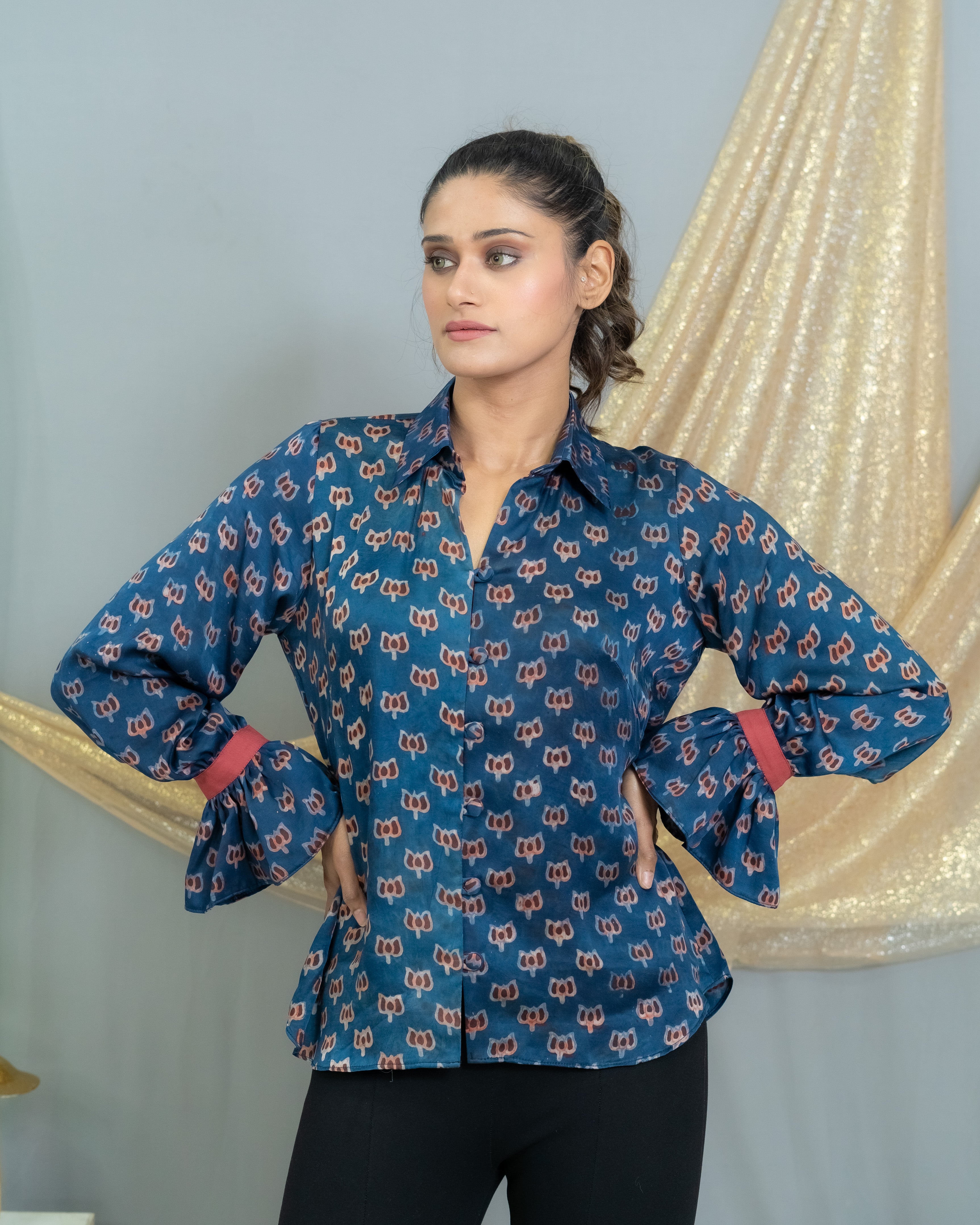 Indigo Vanaspati modal handlock printed satin shirt with frill sleeves