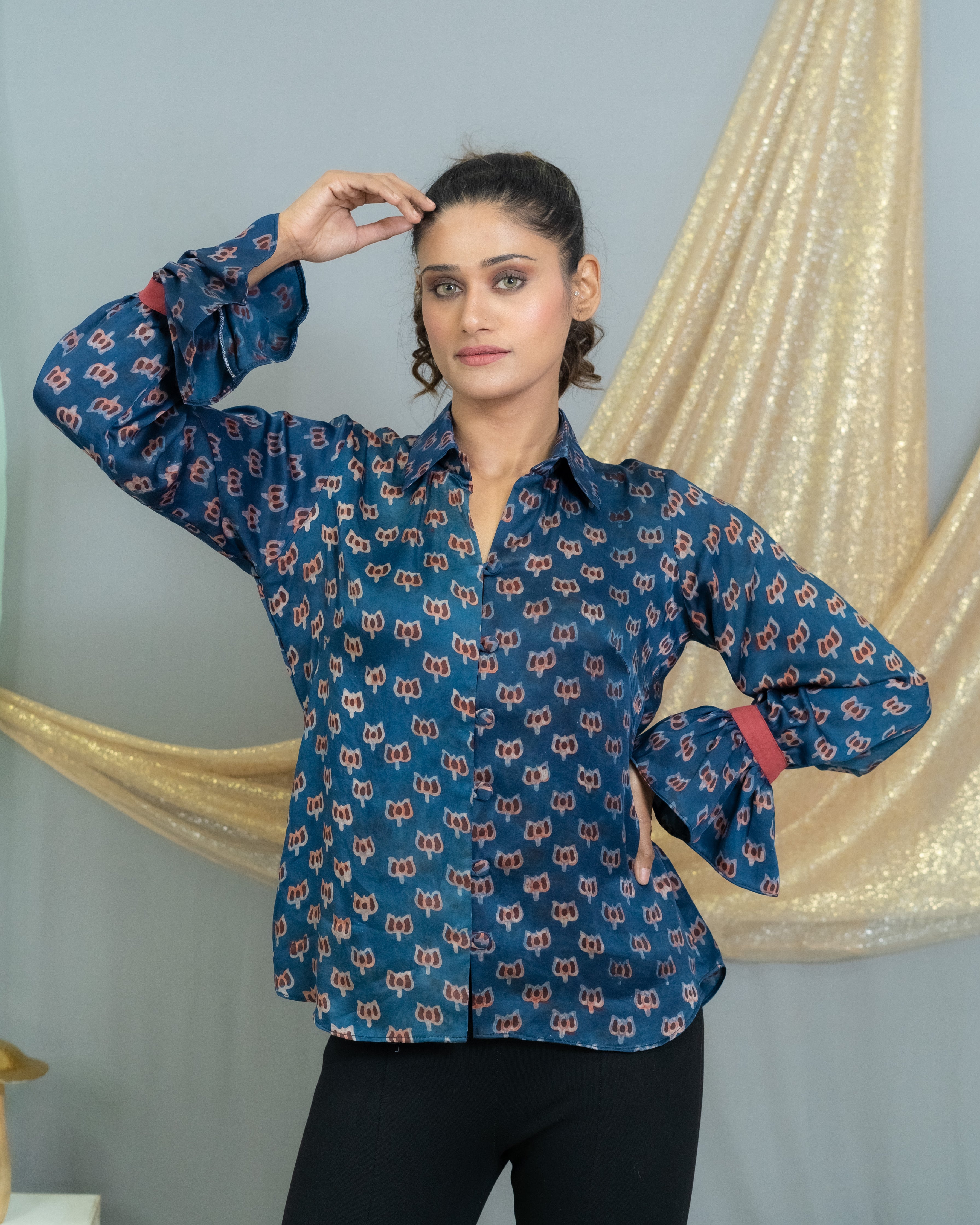 Indigo Vanaspati modal handlock printed satin shirt with frill sleeves