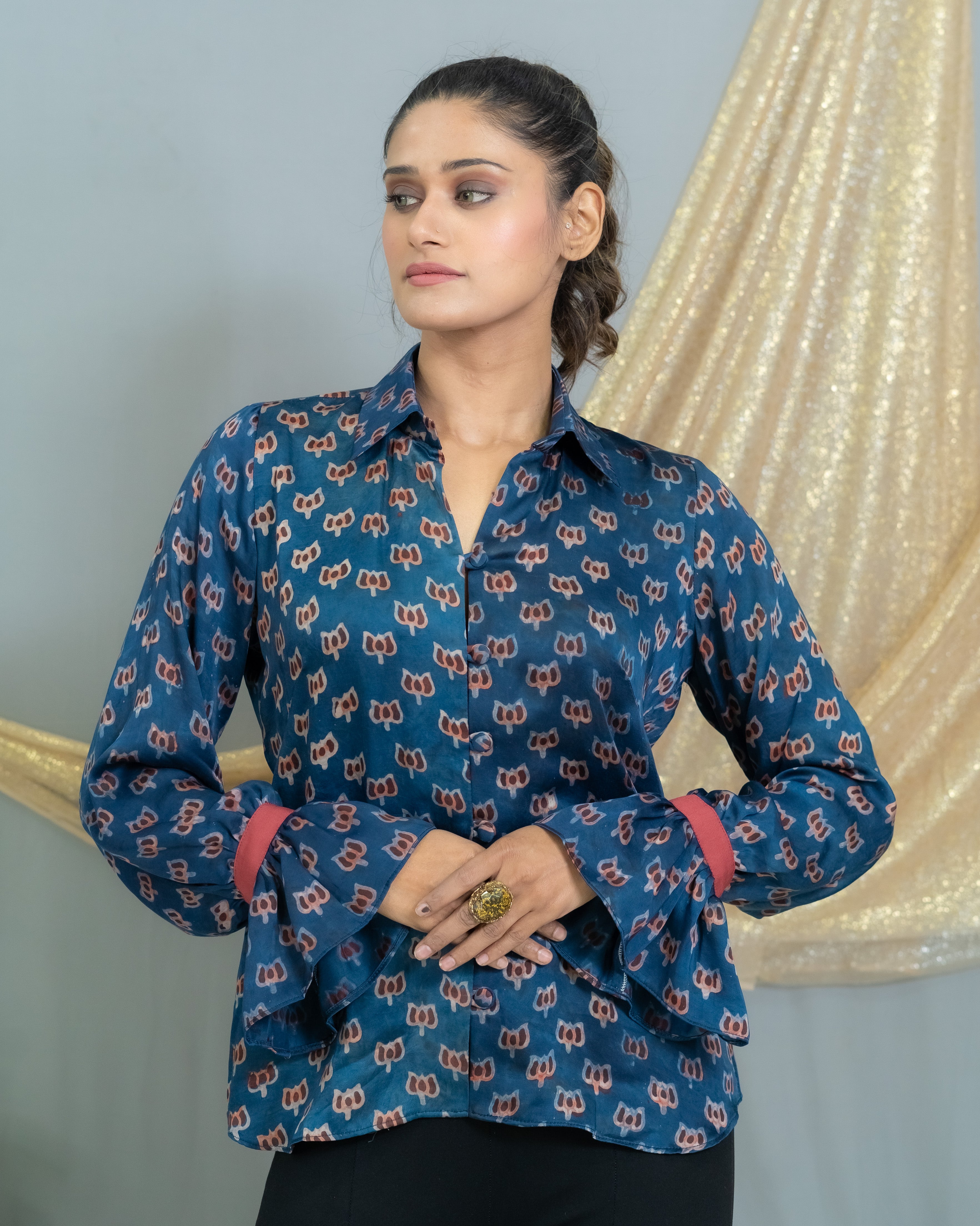 Indigo Vanaspati modal handlock printed satin shirt with frill sleeves