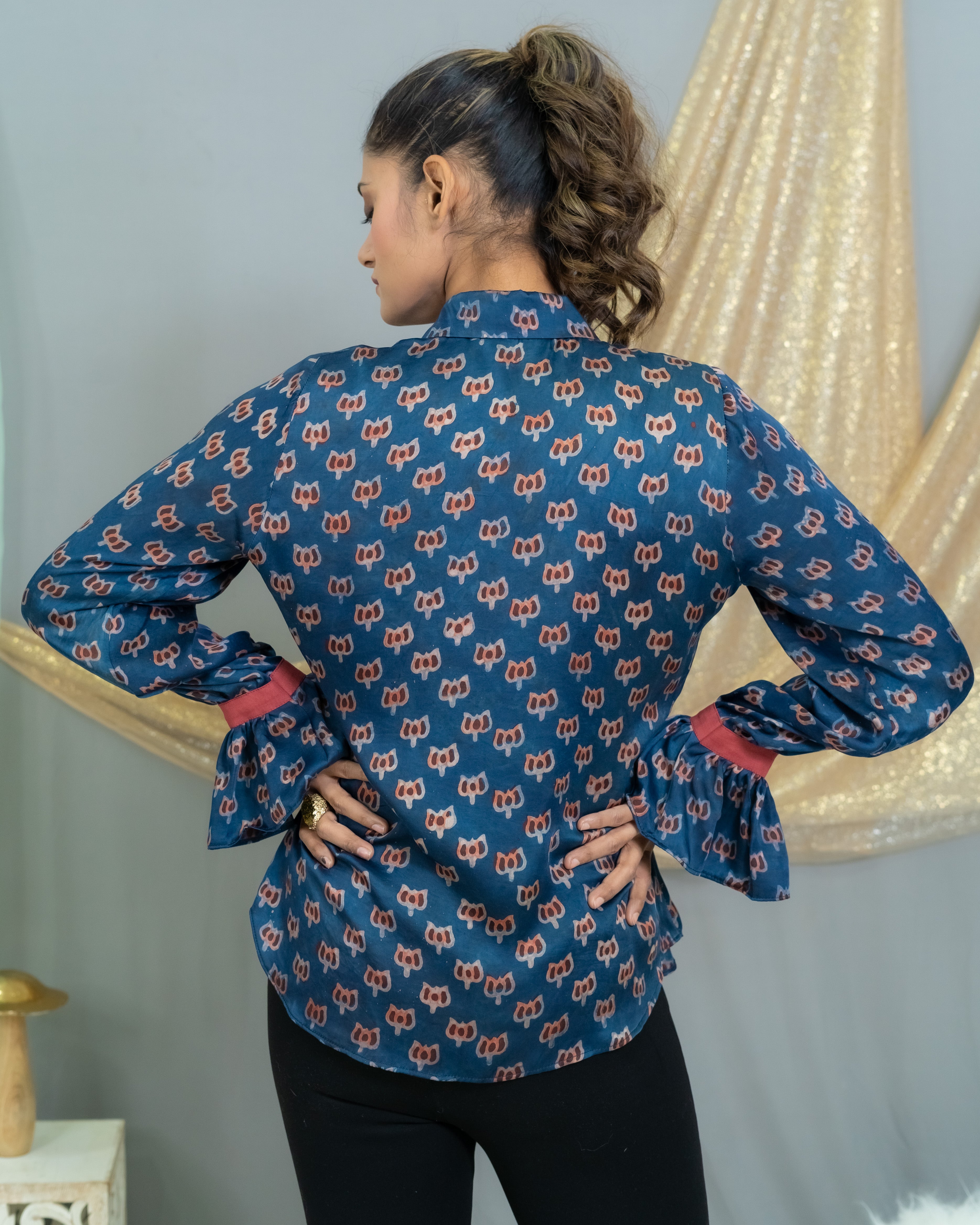 Indigo Vanaspati modal handlock printed satin shirt with frill sleeves