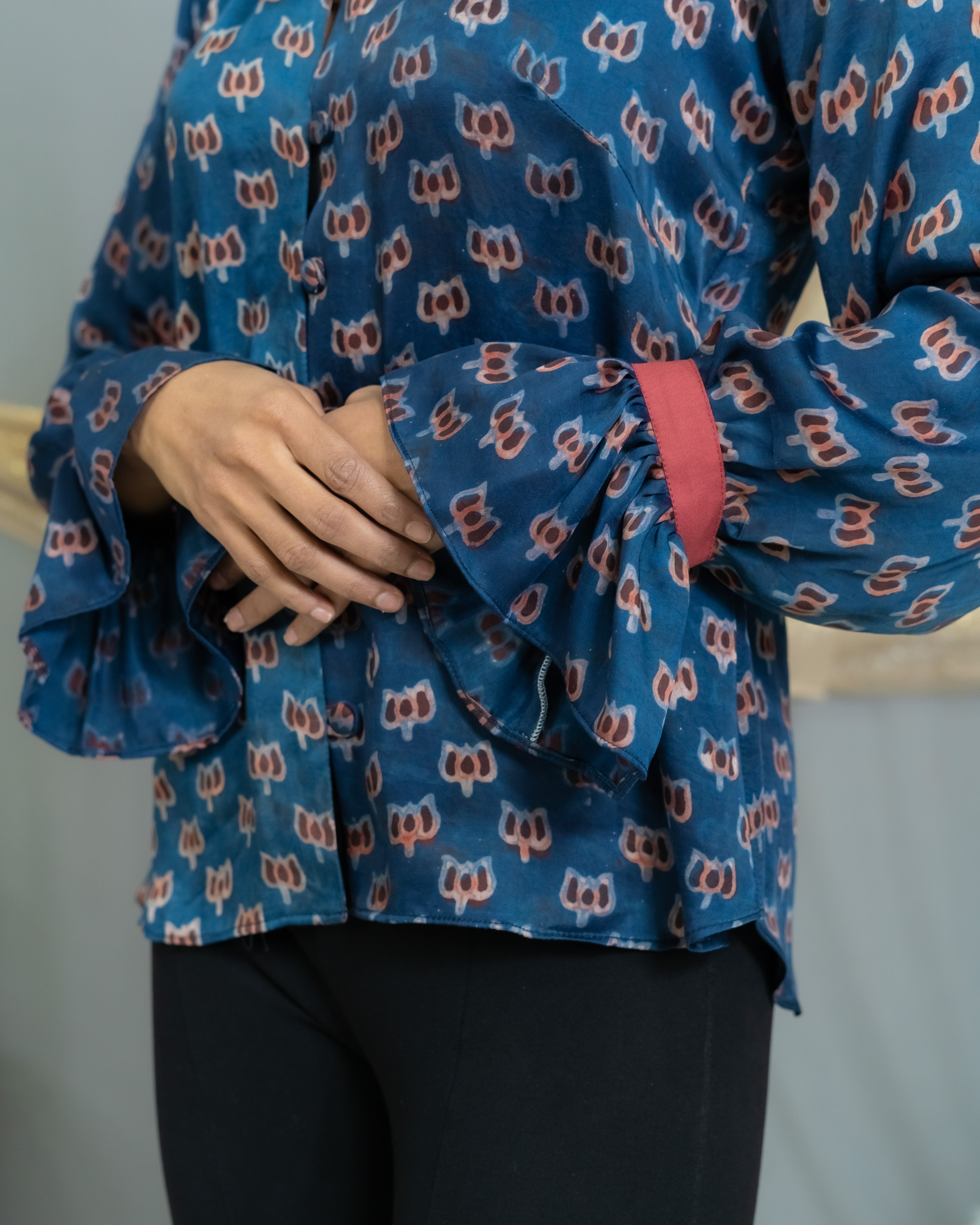 Indigo Vanaspati modal handlock printed satin shirt with frill sleeves