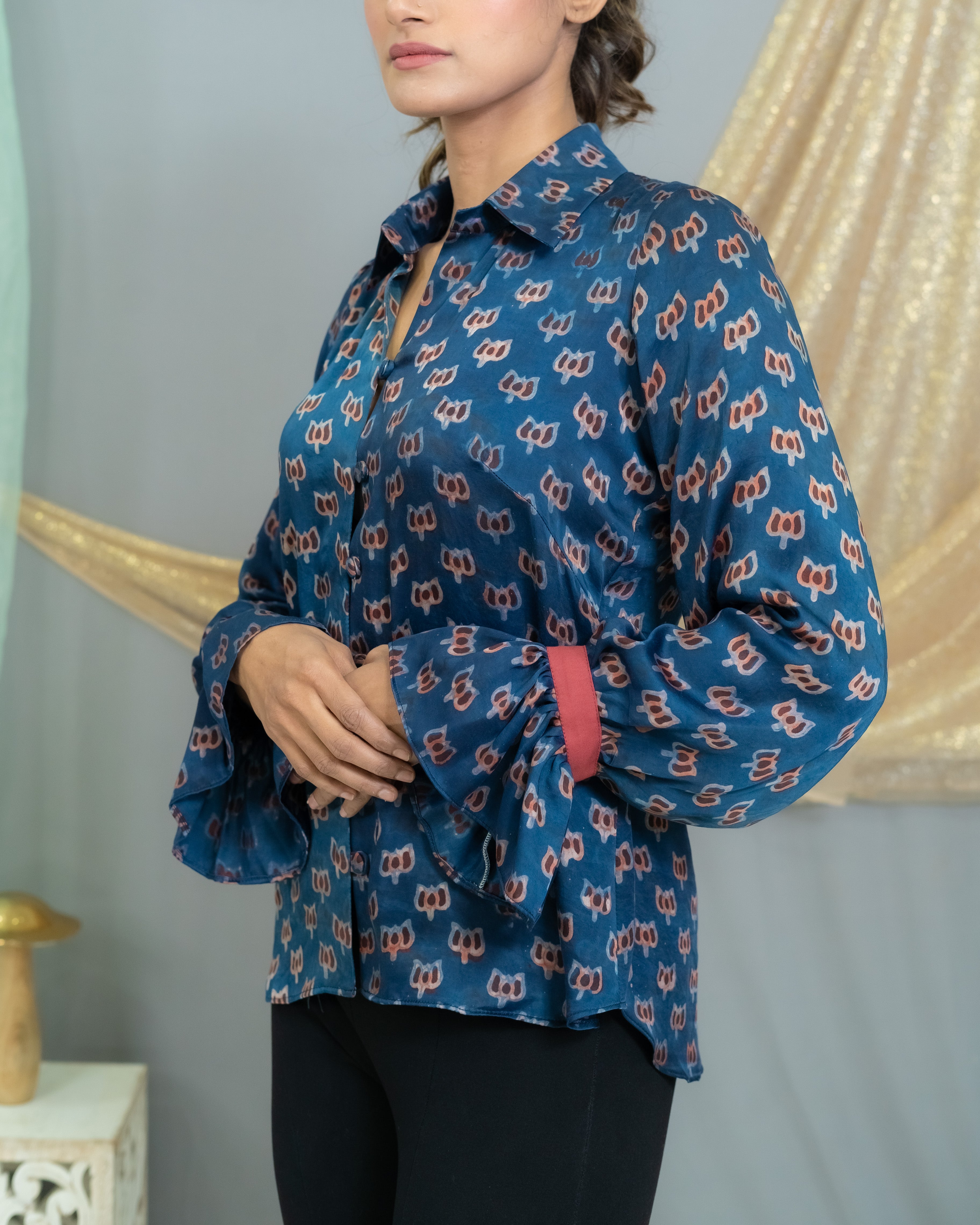 Indigo Vanaspati modal handlock printed satin shirt with frill sleeves
