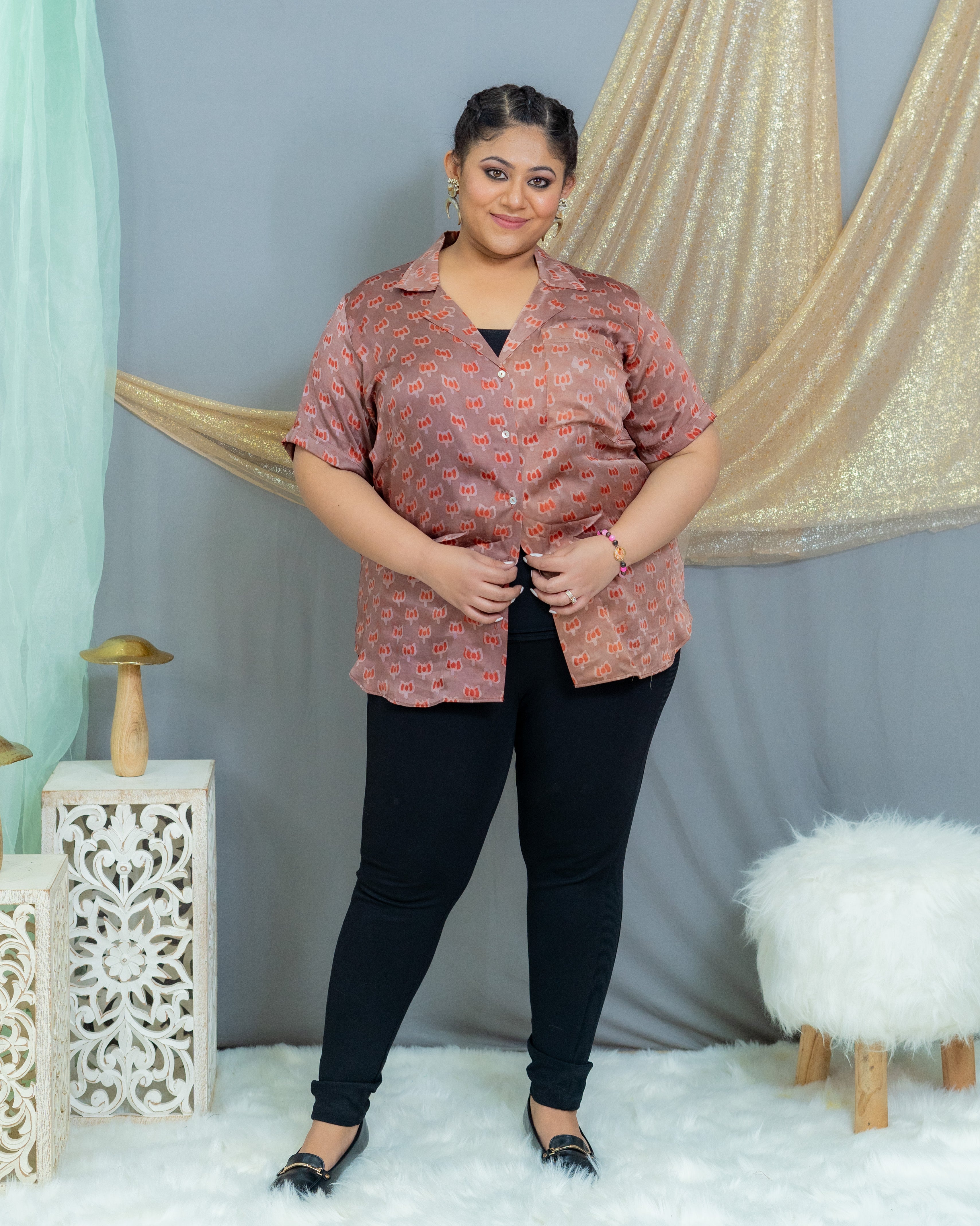Rose Pink Vanaspati Handblock Printed Modal Satin Shirt-half sleeves