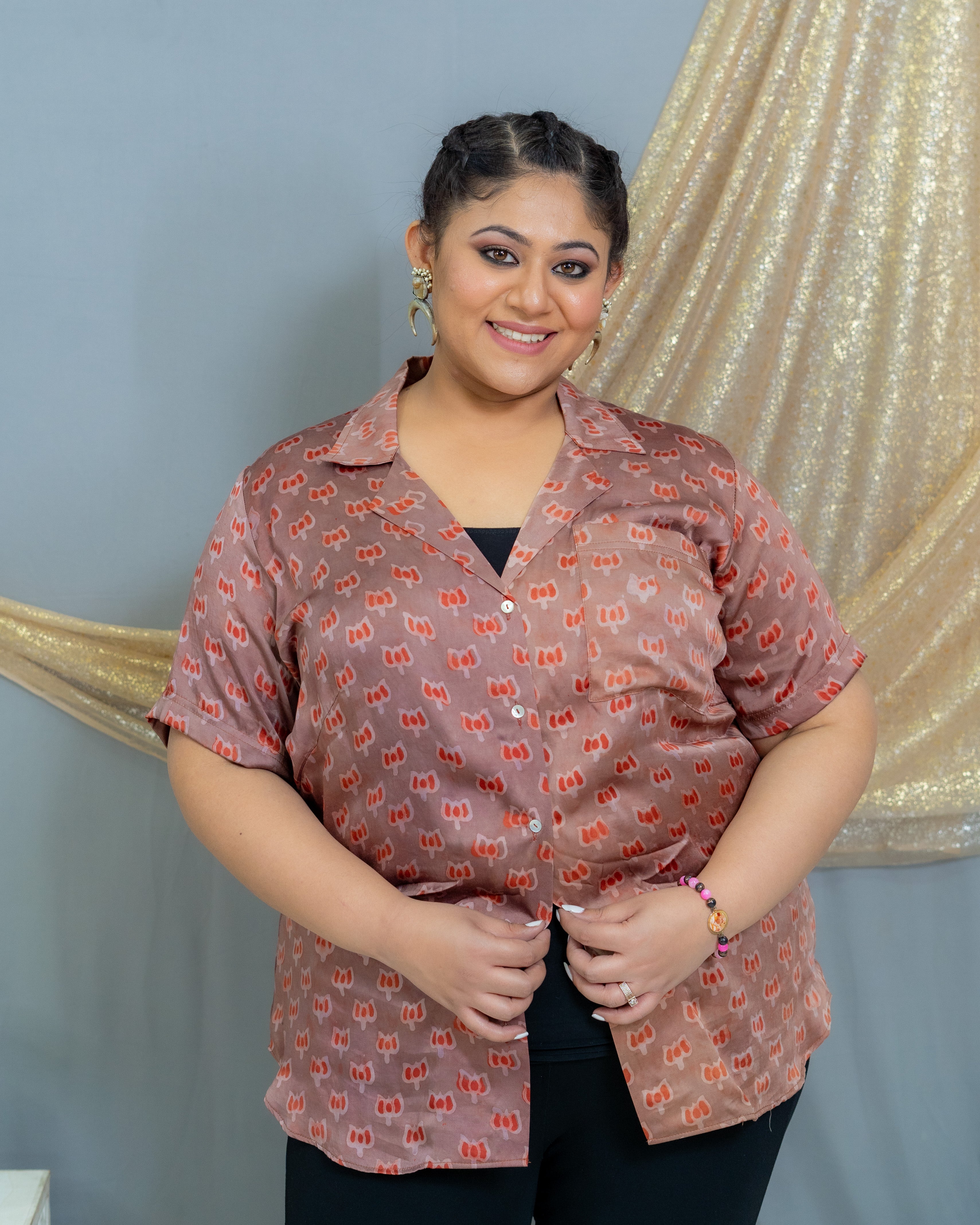 Rose Pink Vanaspati Handblock Printed Modal Satin Shirt-half sleeves