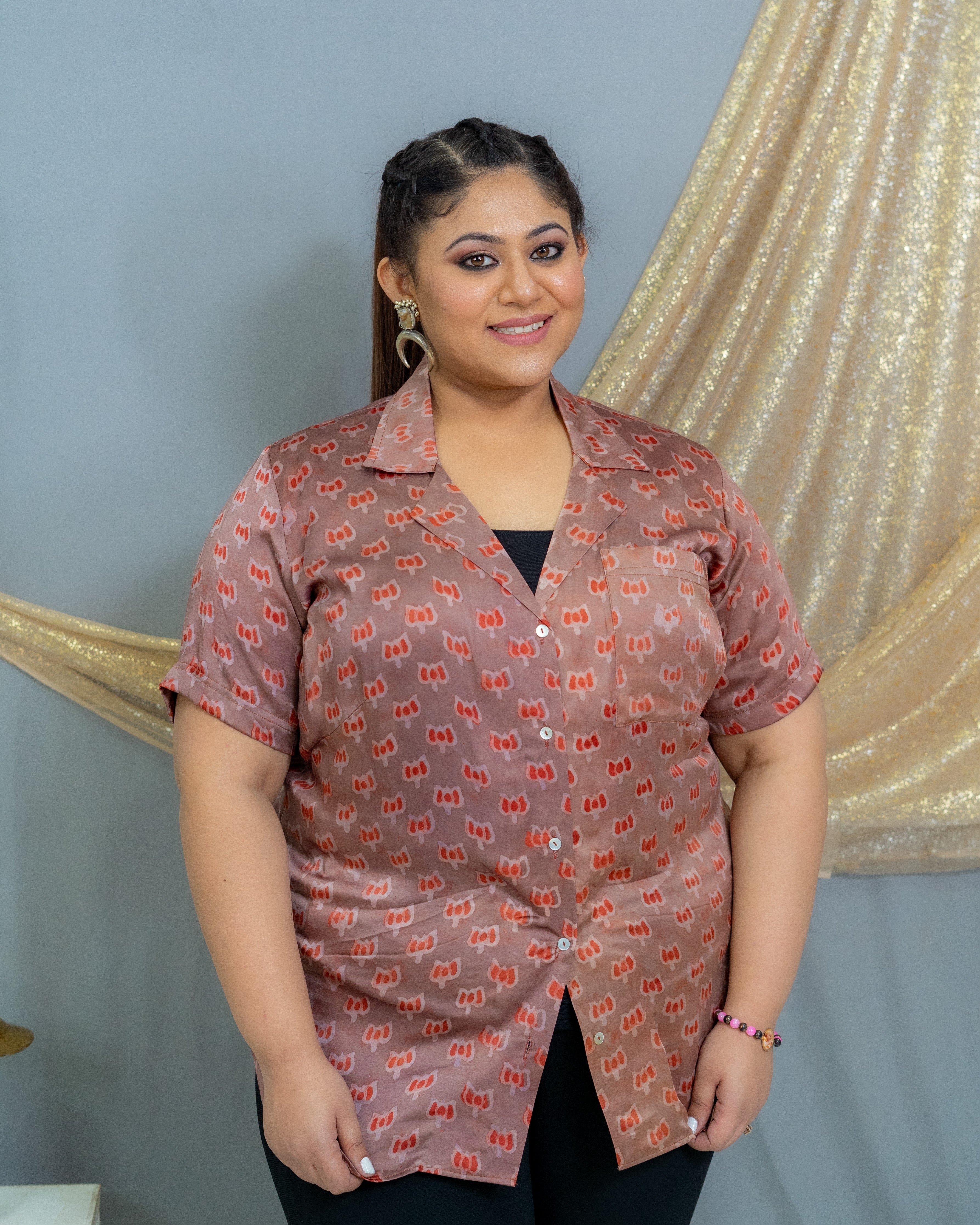 Rose Pink Vanaspati Handblock Printed Modal Satin Shirt-half sleeves