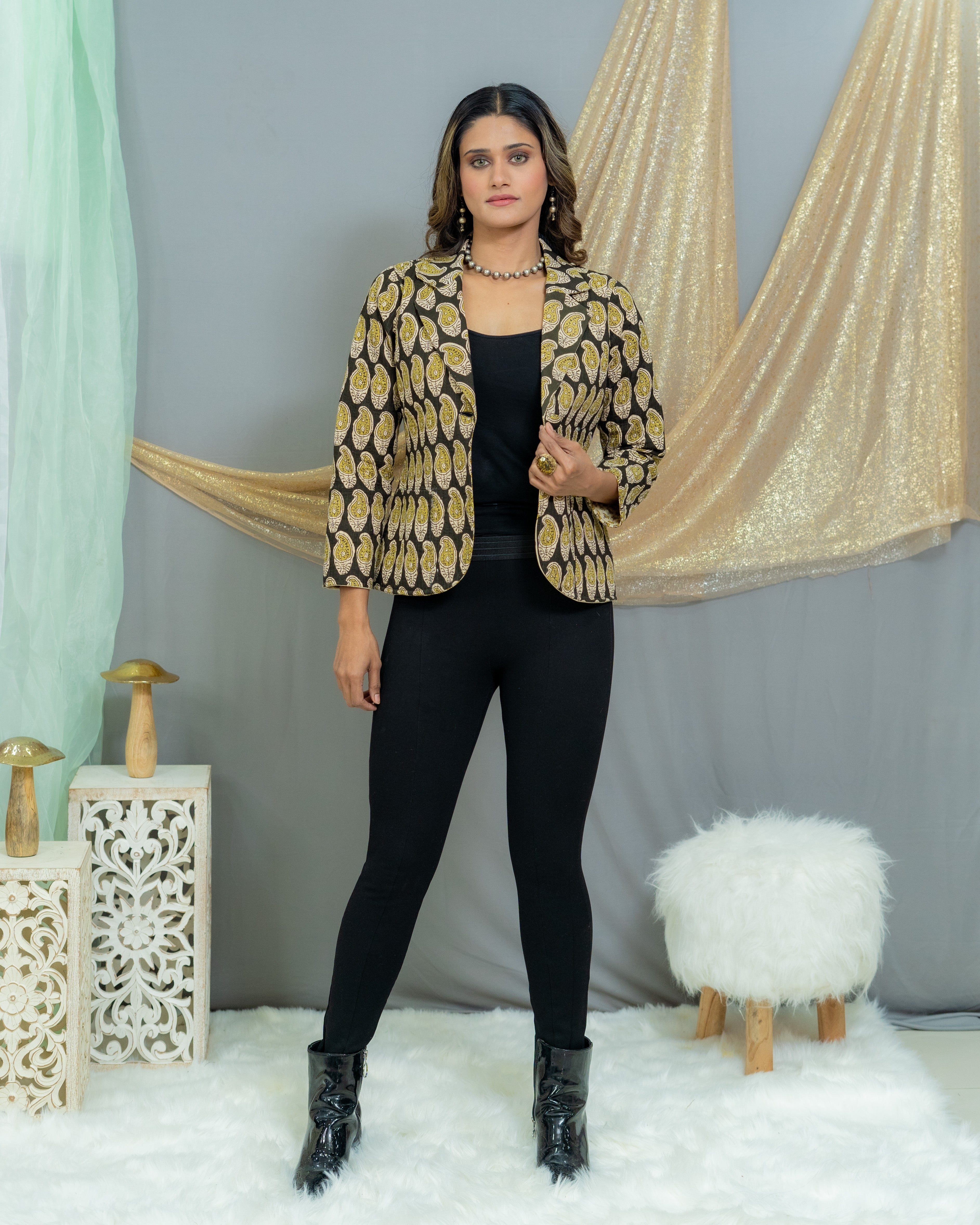 Black Olive Bagru Handblock Printed Reversible Quilted Coat