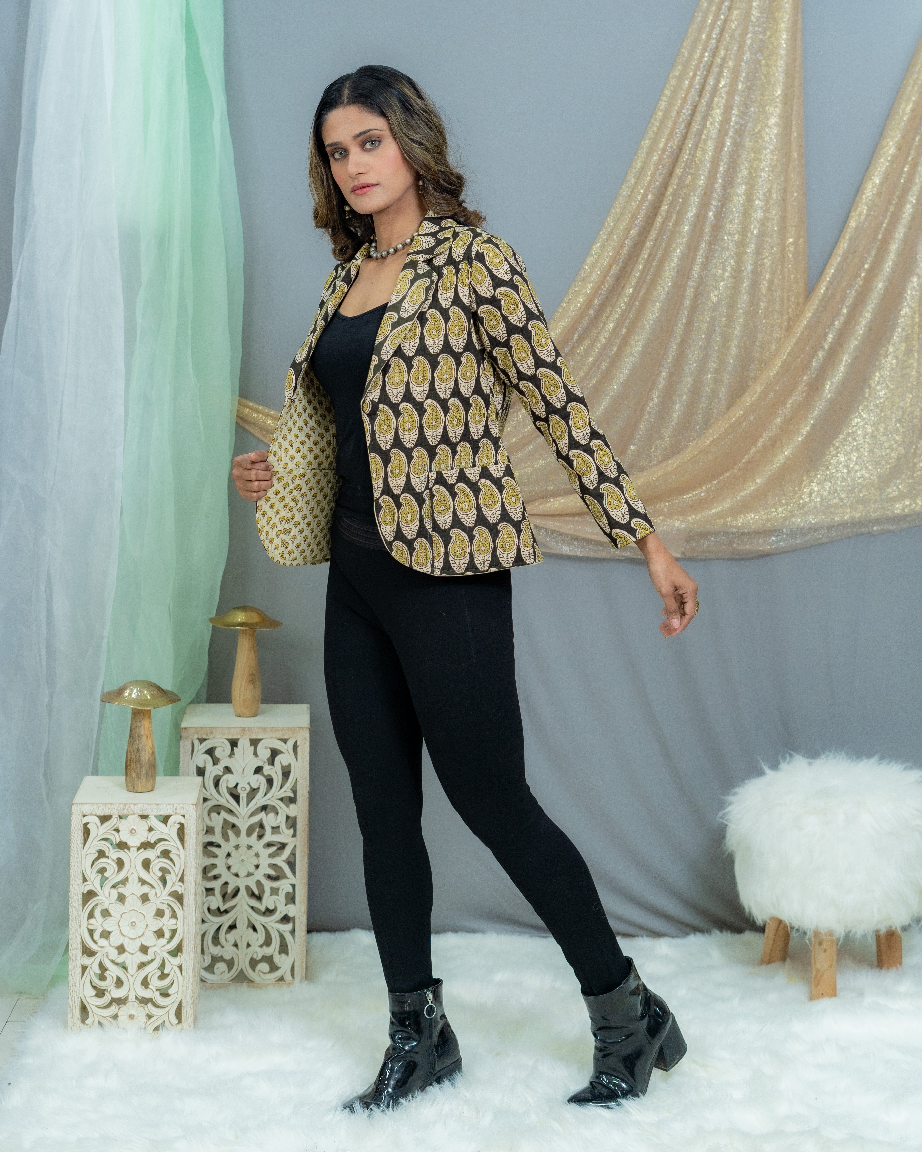 Black Olive Bagru Handblock Printed Reversible Quilted Coat