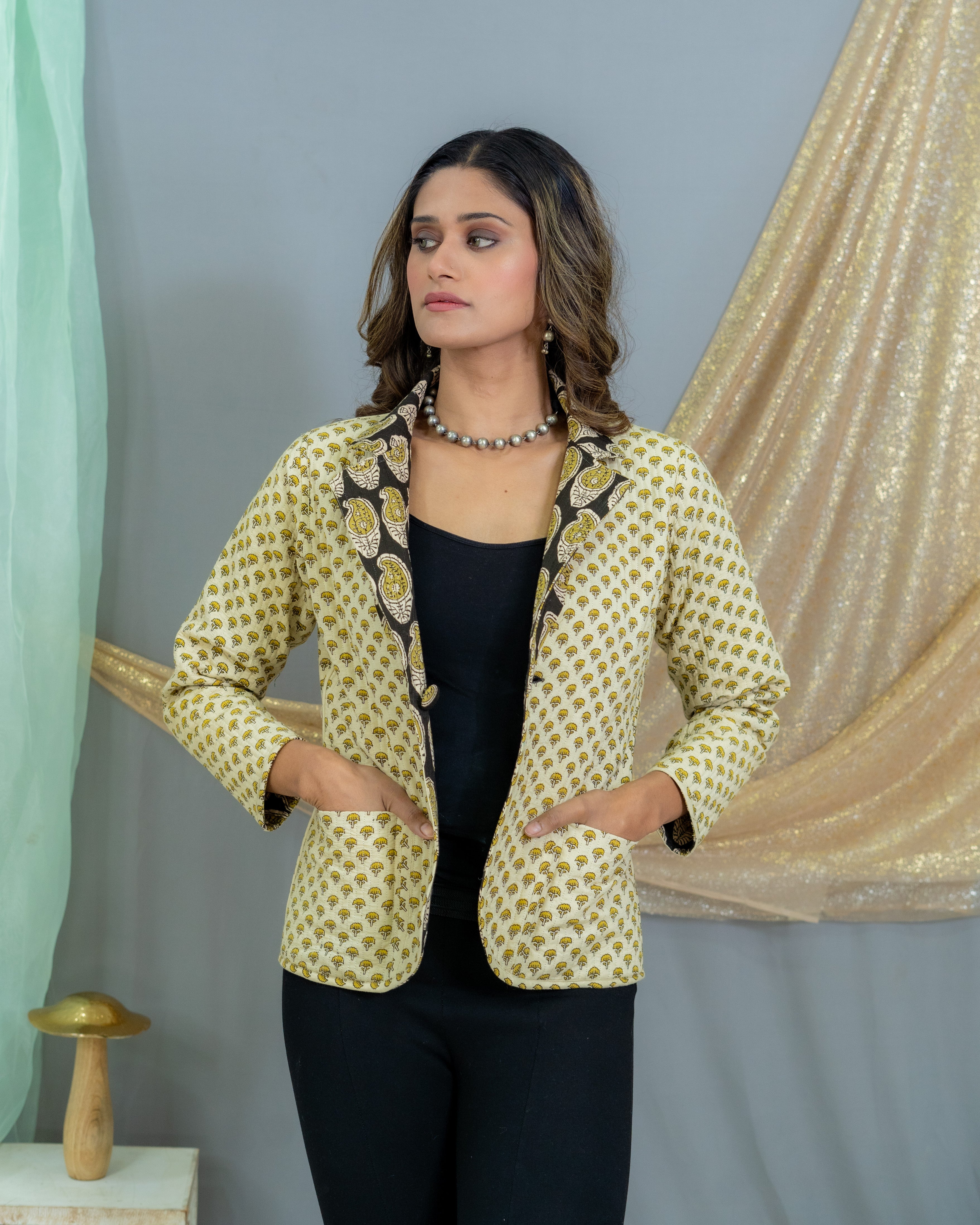 Black Olive Bagru Handblock Printed Reversible Quilted Coat