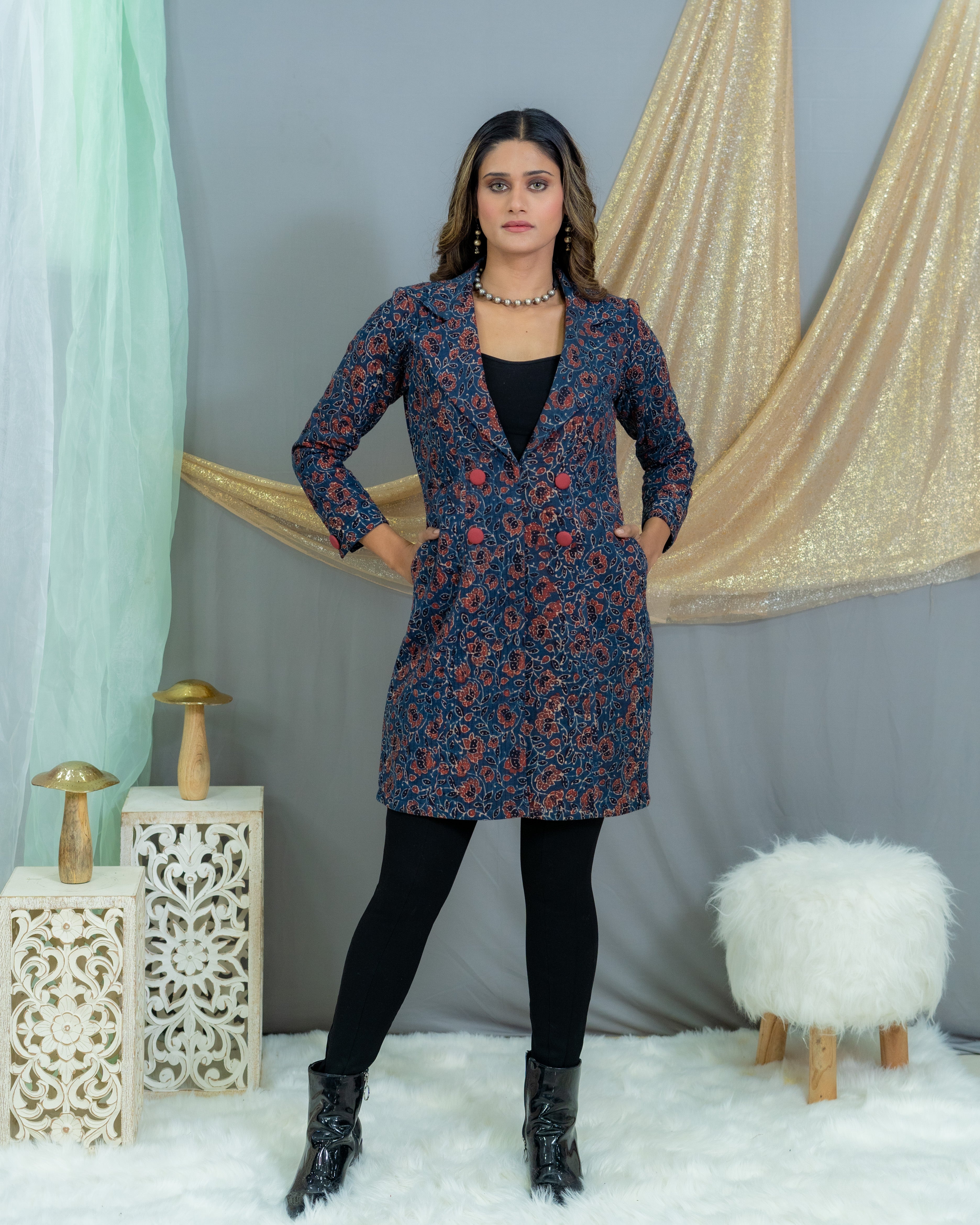 Indigo Ajrakh Handblock Printed  Quilted Coat
