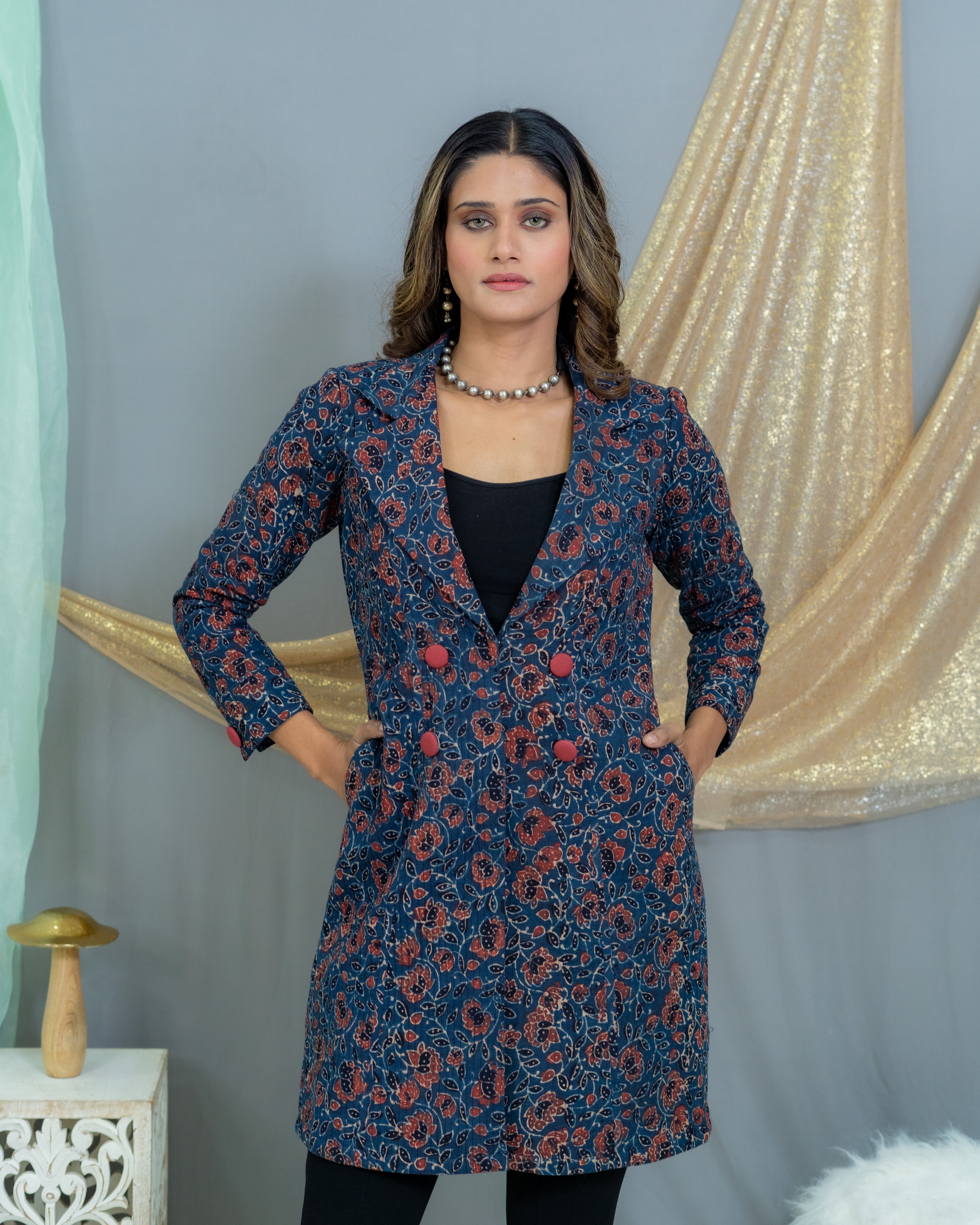 Indigo Ajrakh Handblock Printed  Quilted Coat