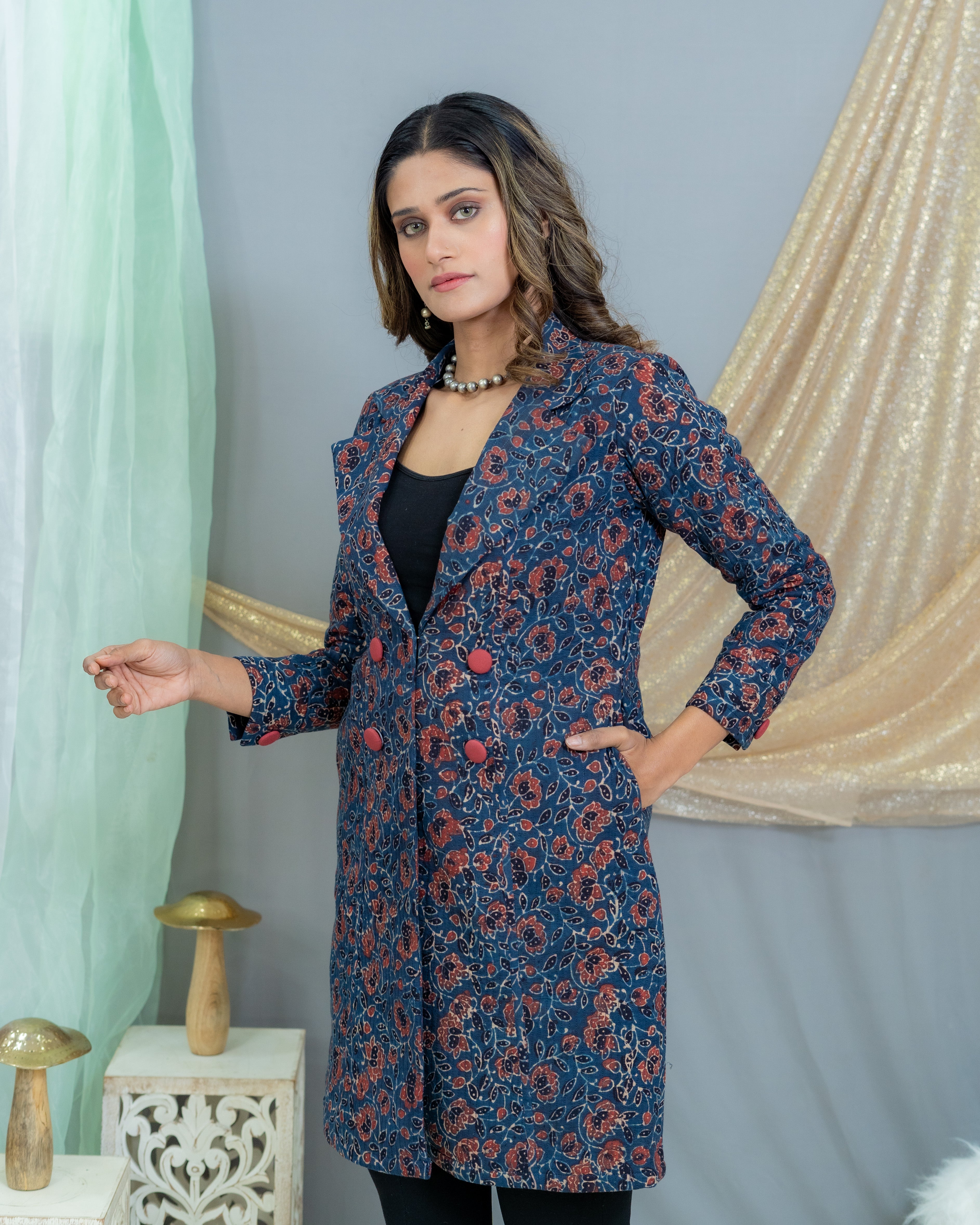 Indigo Ajrakh Handblock Printed  Quilted Coat