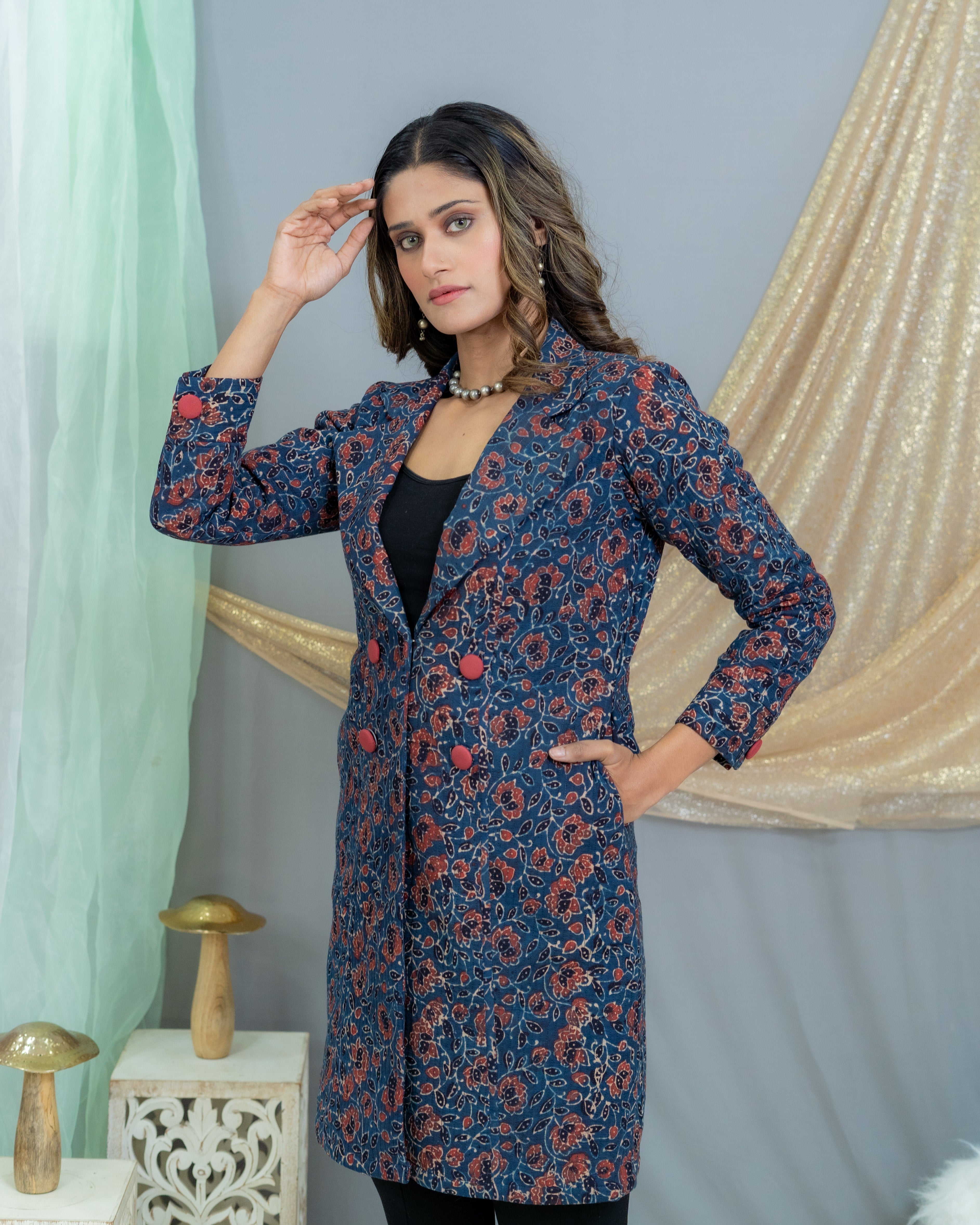 Indigo Ajrakh Handblock Printed  Quilted Coat