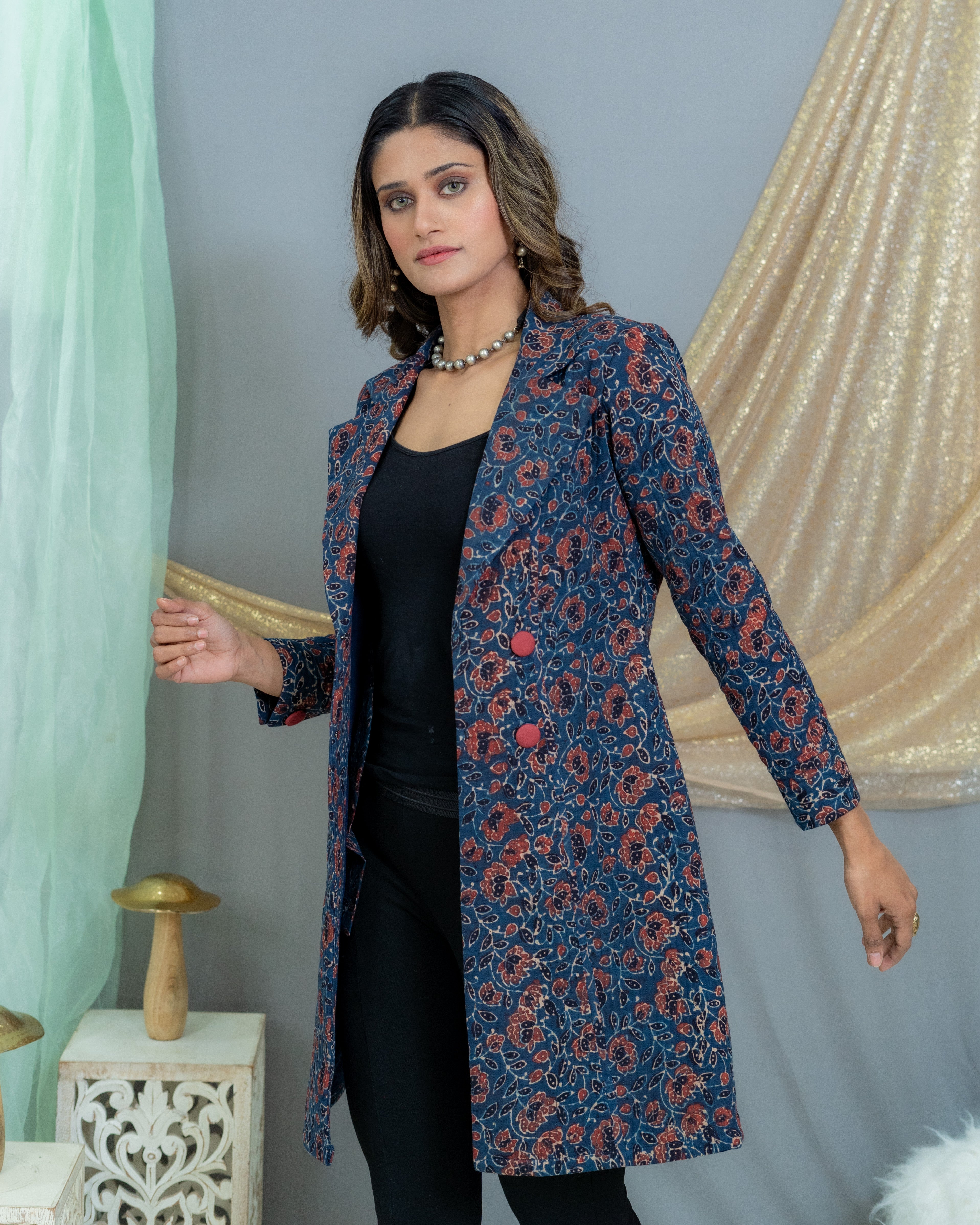 Indigo Ajrakh Handblock Printed  Quilted Coat