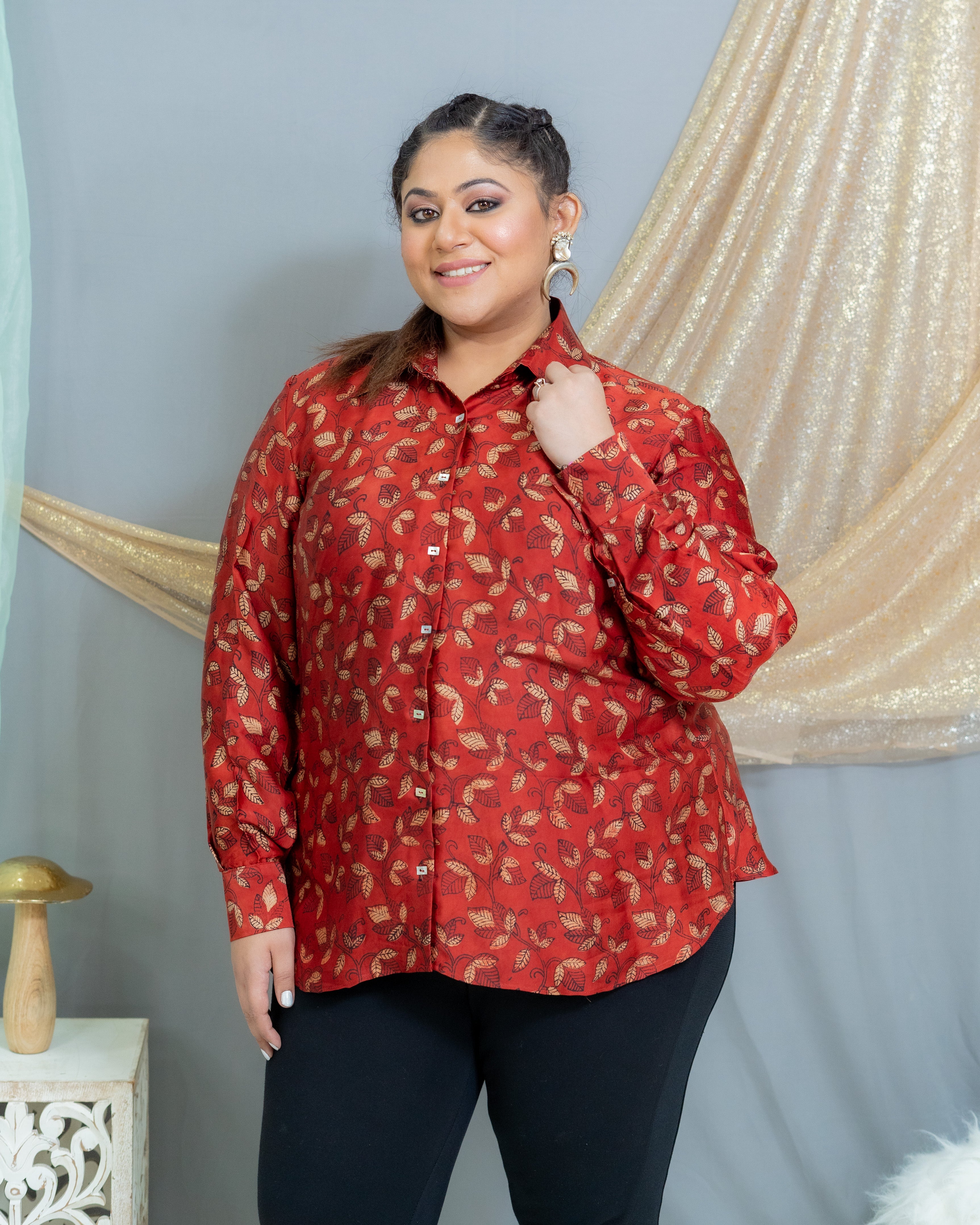 Rred Vanaspati Handblock Printed Modal Satin Shirt