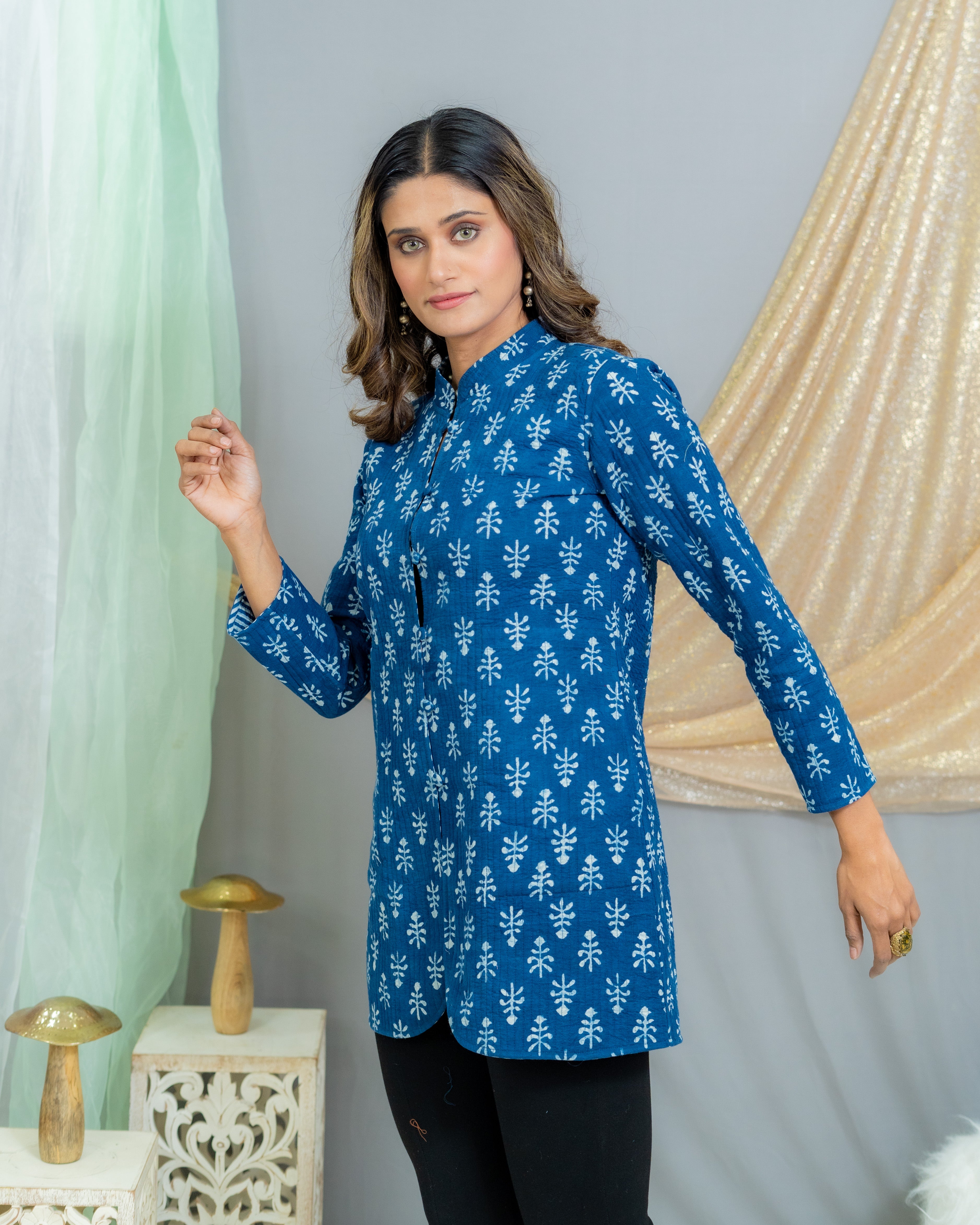 Indigo Dabu Handblock Printed Reversible Quilted Blazer