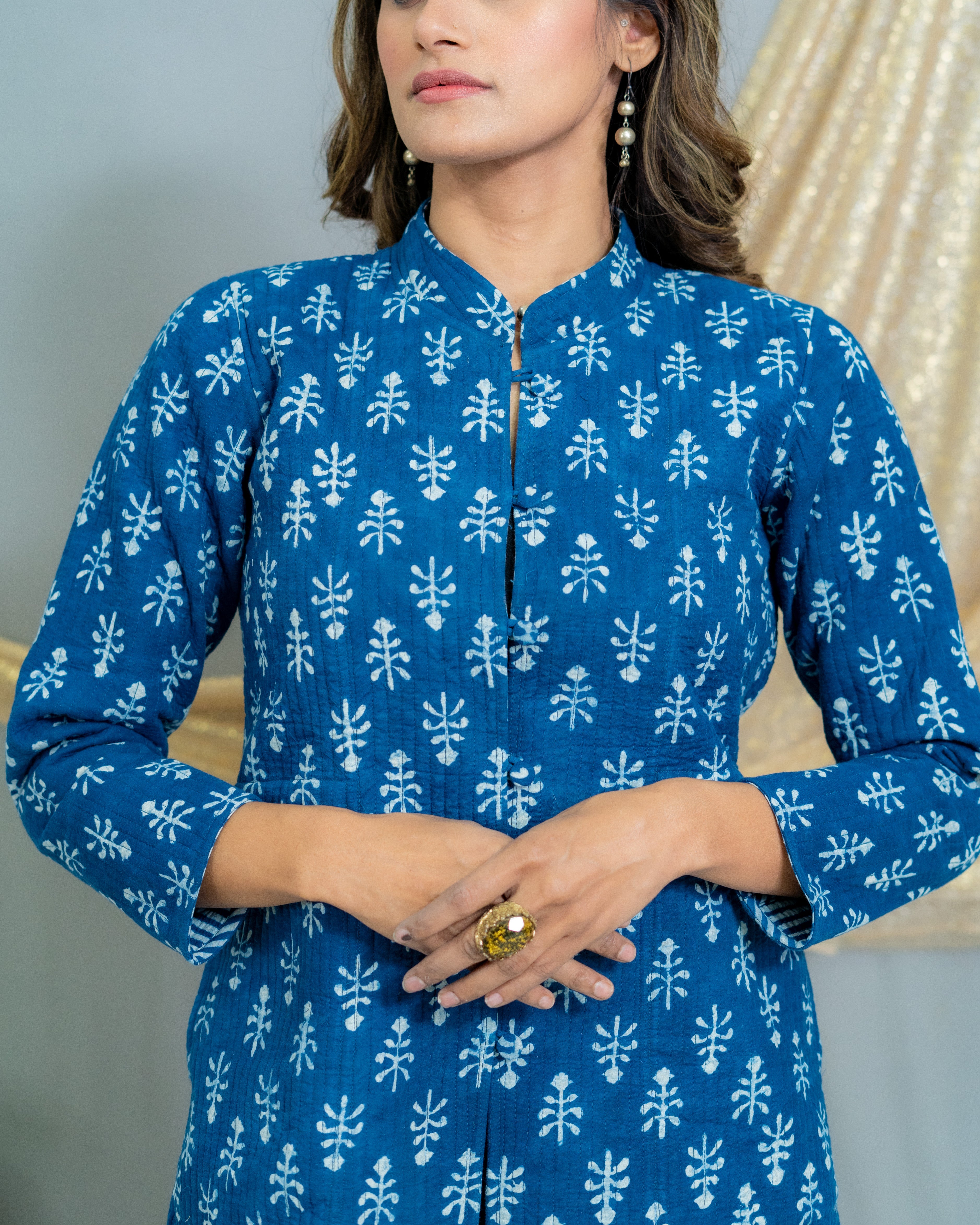 Indigo Dabu Handblock Printed Reversible Quilted Blazer