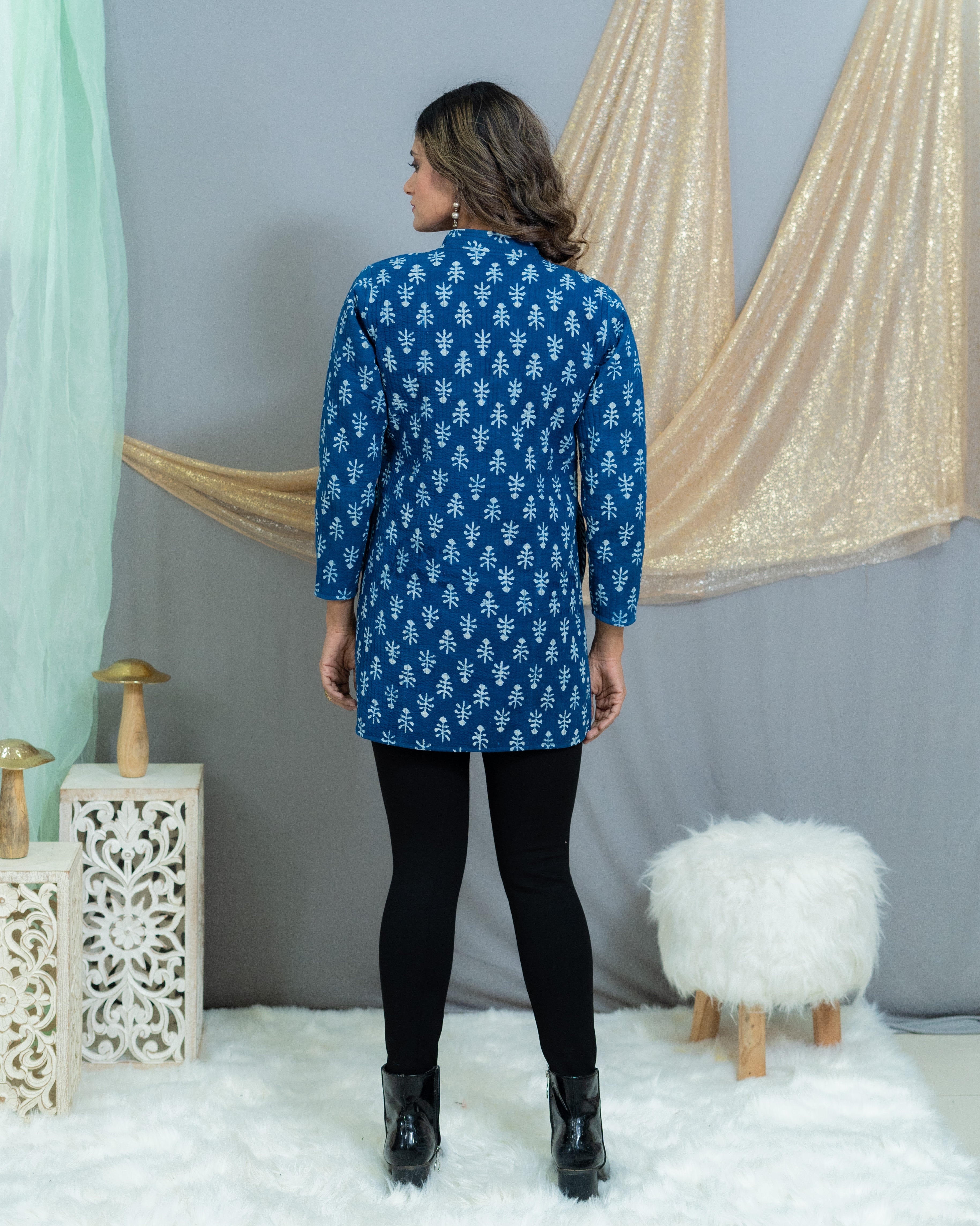 Indigo Dabu Handblock Printed Reversible Quilted Blazer