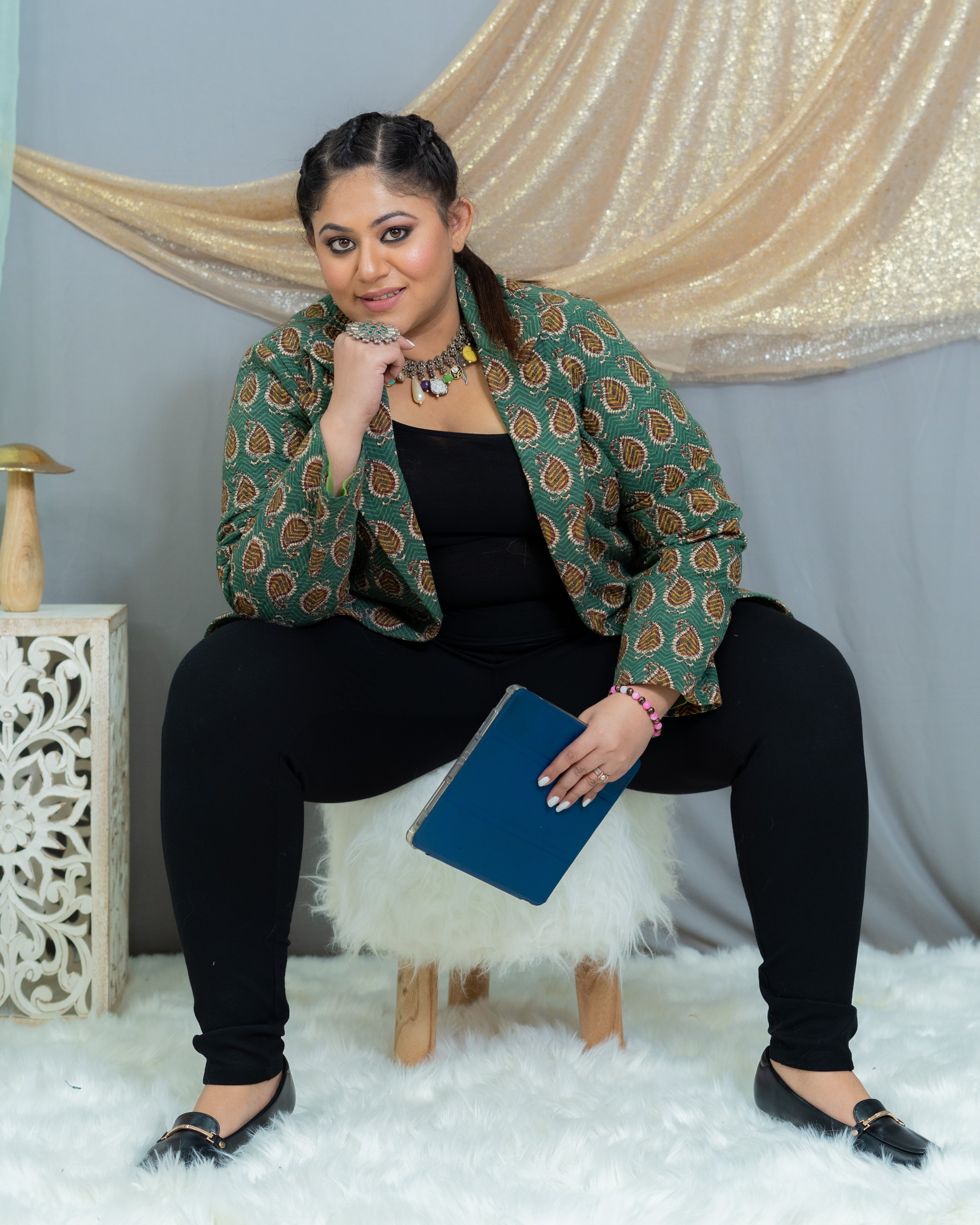 Green Bagru Handblock printed Quilted Blazer