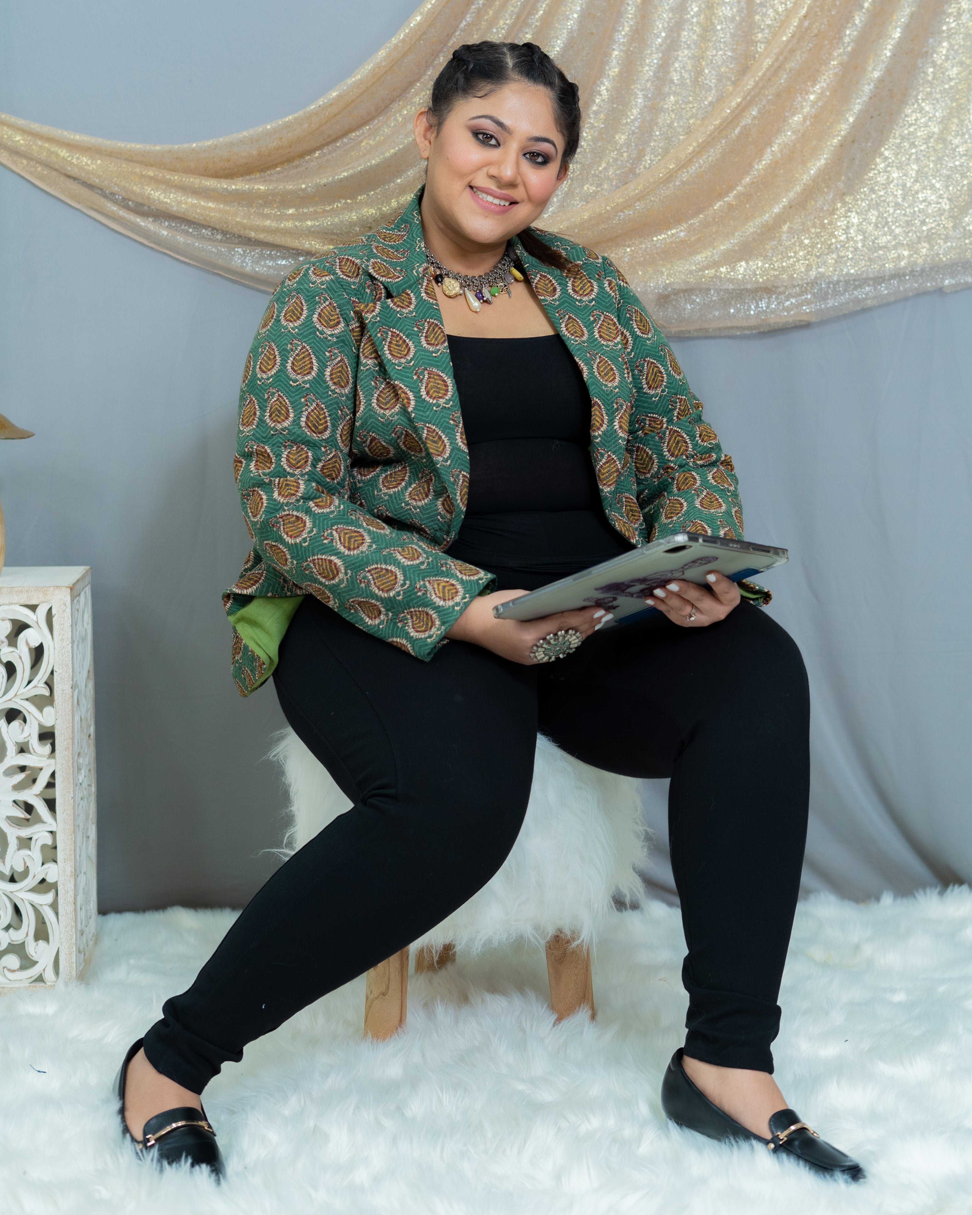 Green Bagru Handblock printed Quilted Blazer