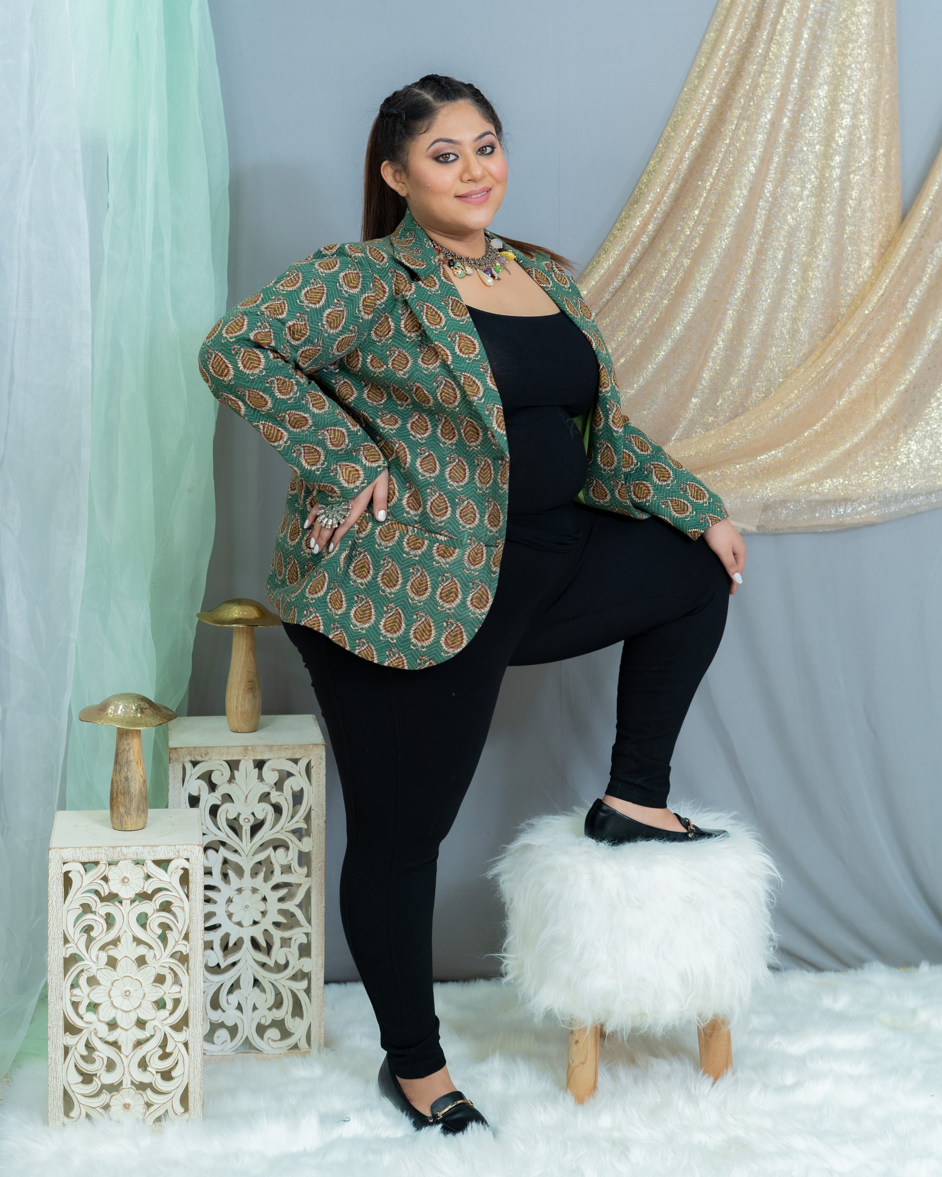 Green Bagru Handblock printed Quilted Blazer