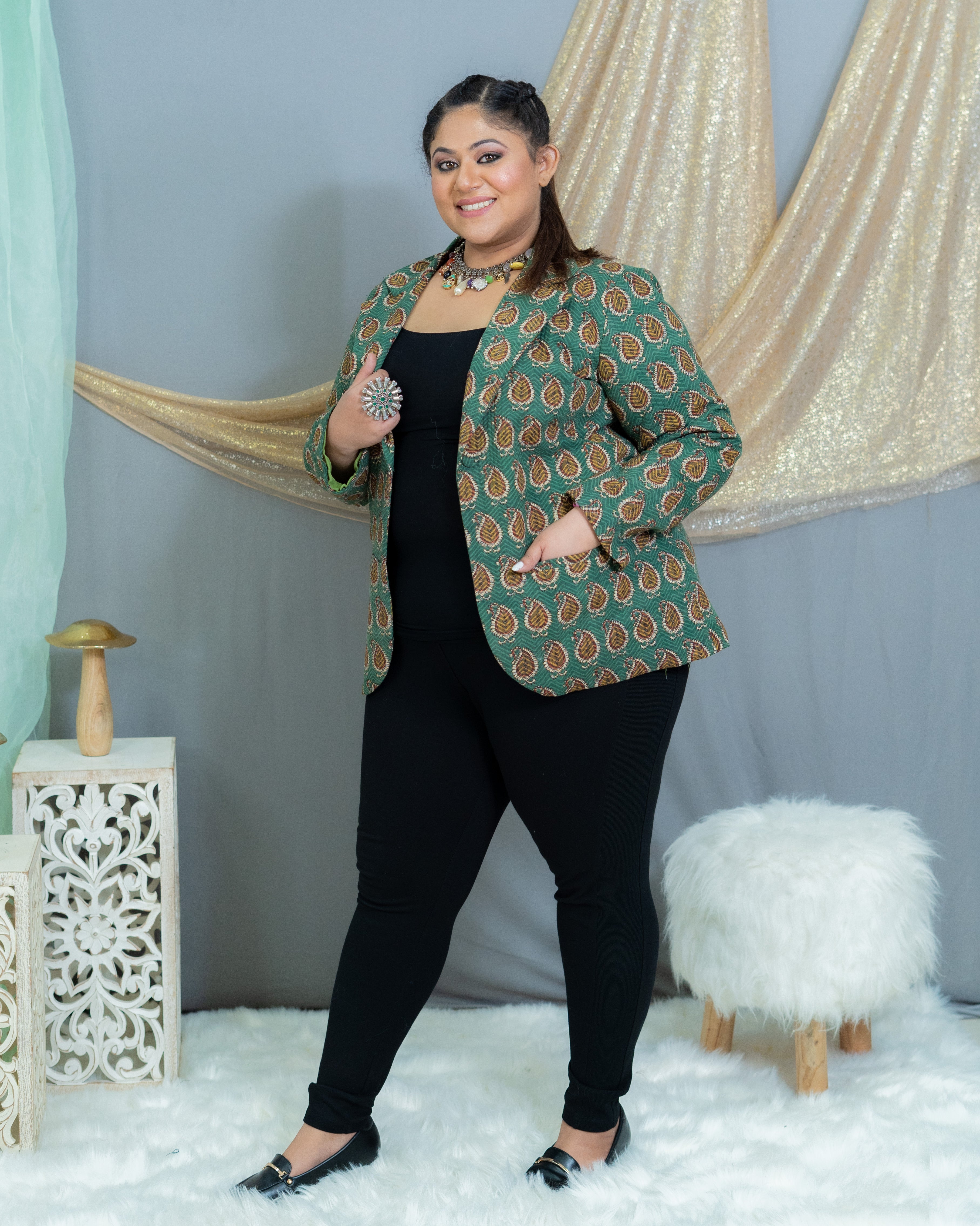 Green Bagru Handblock printed Quilted Blazer