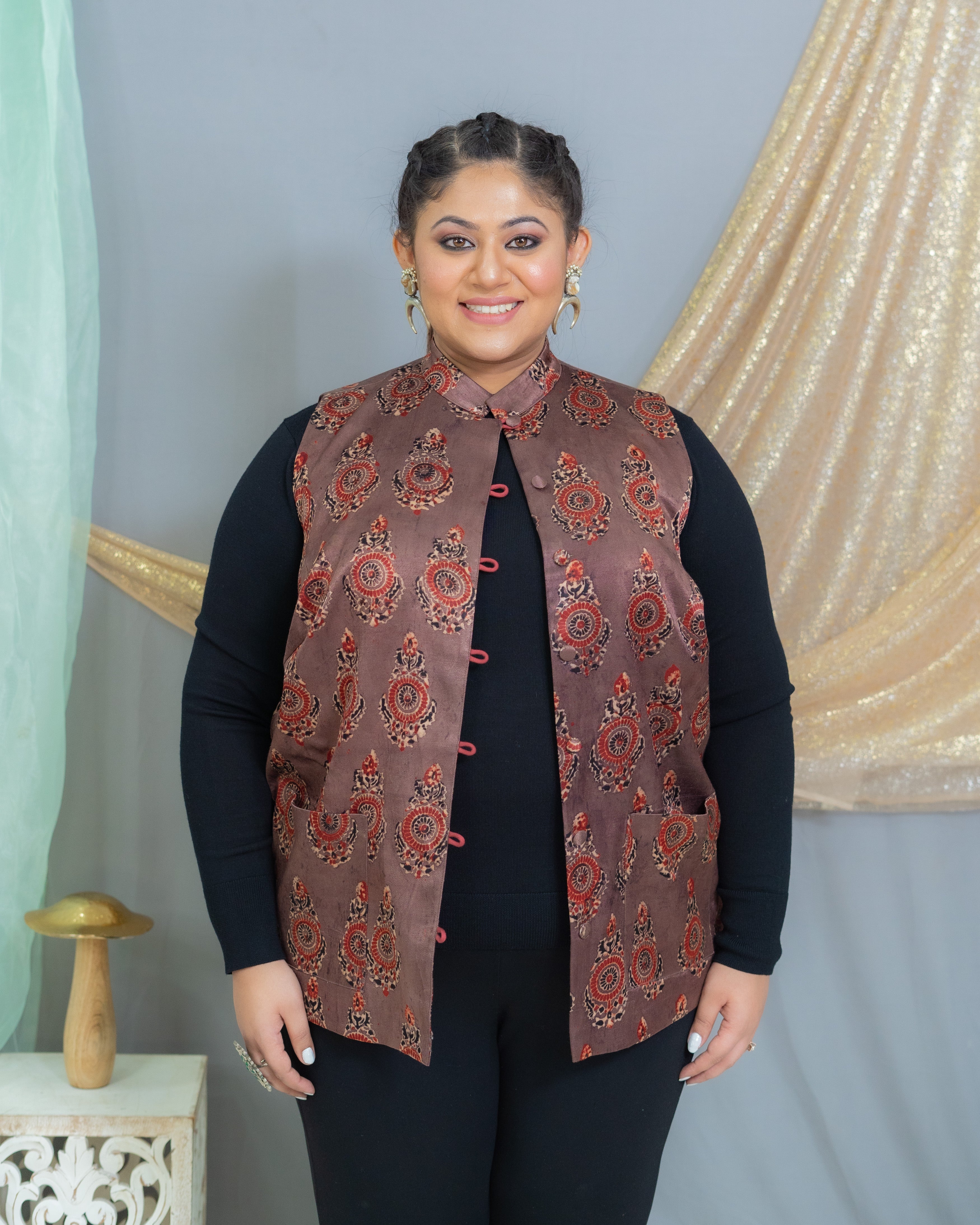 Rose Pink Ajrakh Handblock Printed Mashru Silk Nehru Jacket