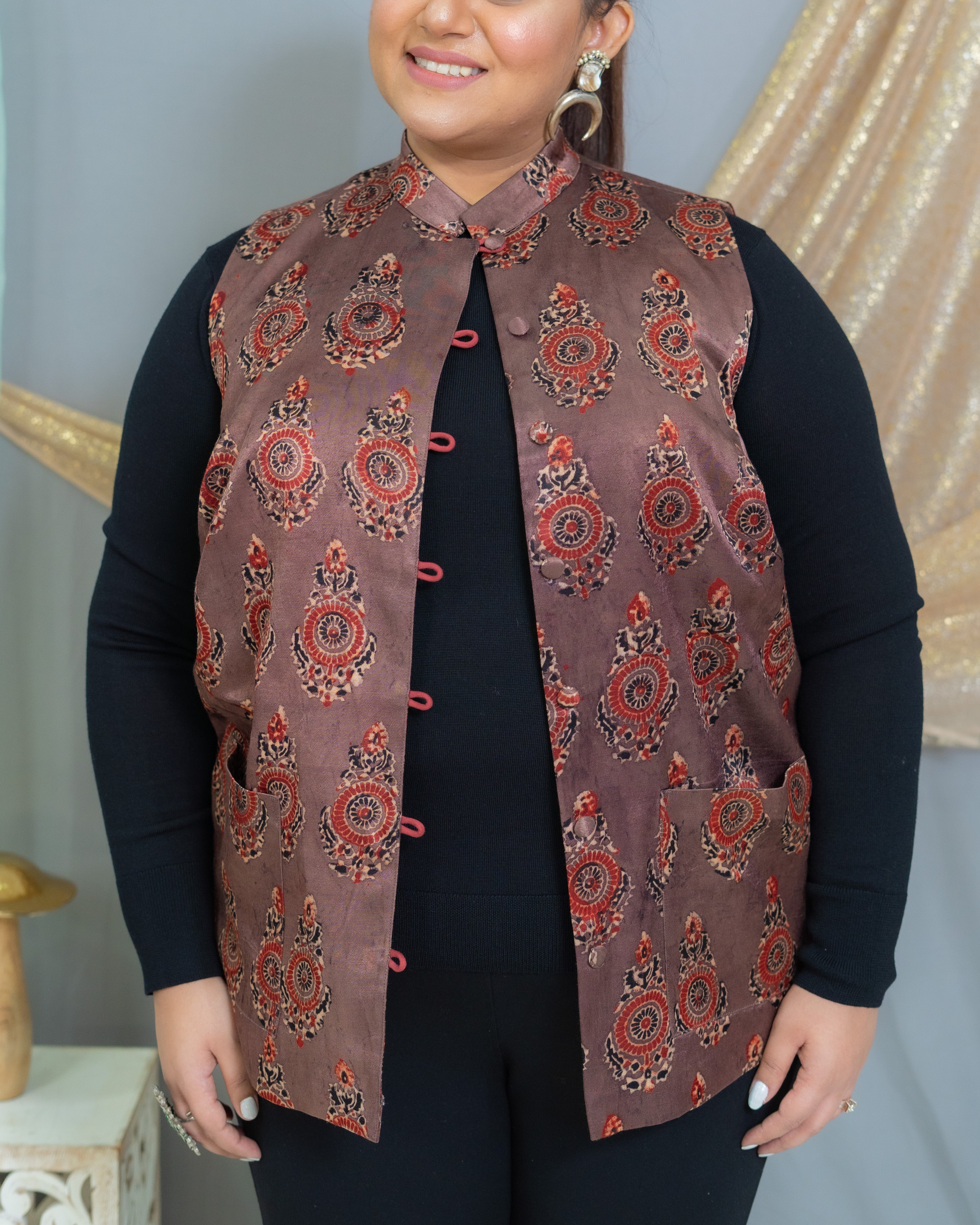 Rose Pink Ajrakh Handblock Printed Mashru Silk Nehru Jacket
