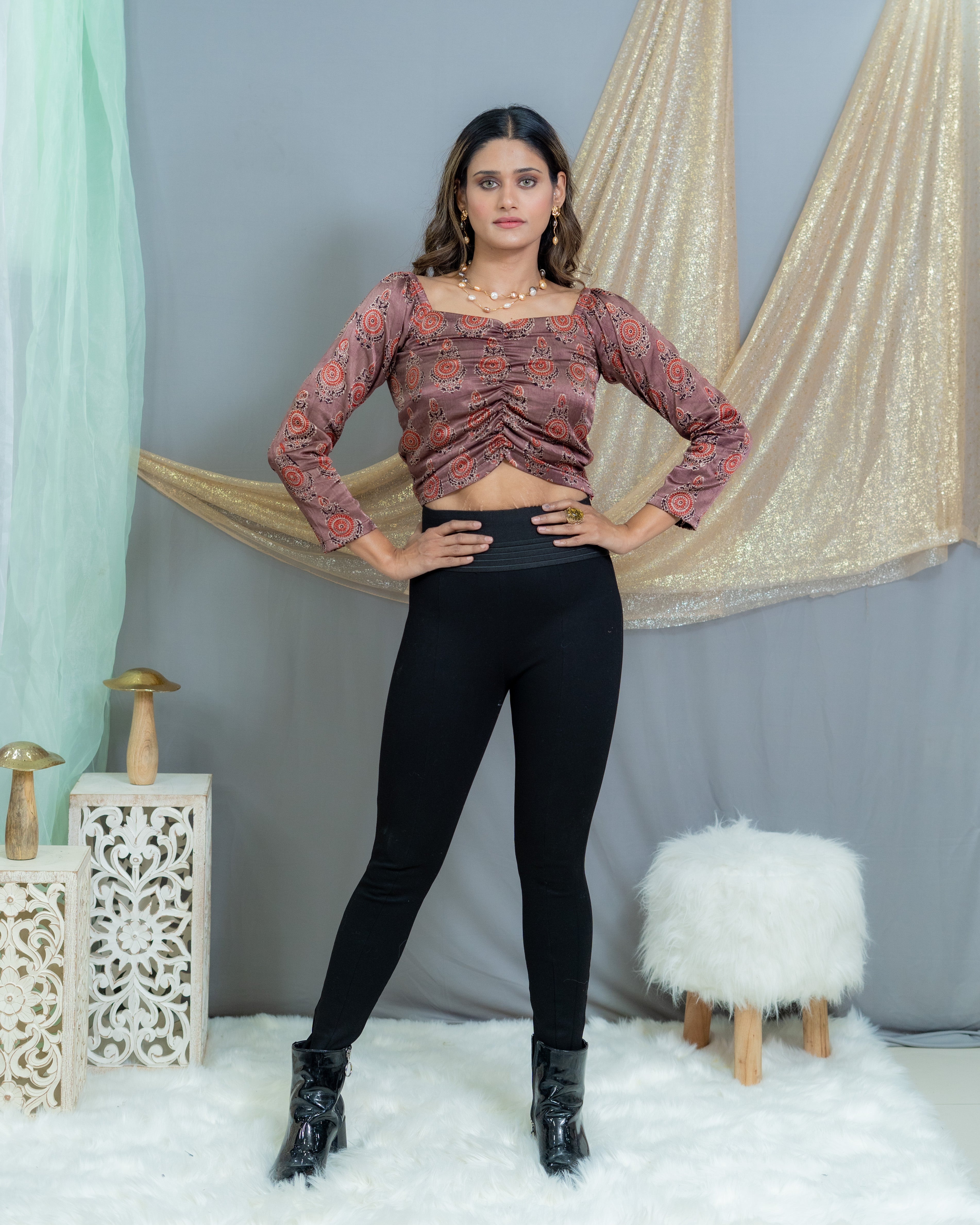 Rose pink Mashru silk ajrakh handblock printed bobin elastic crop top
