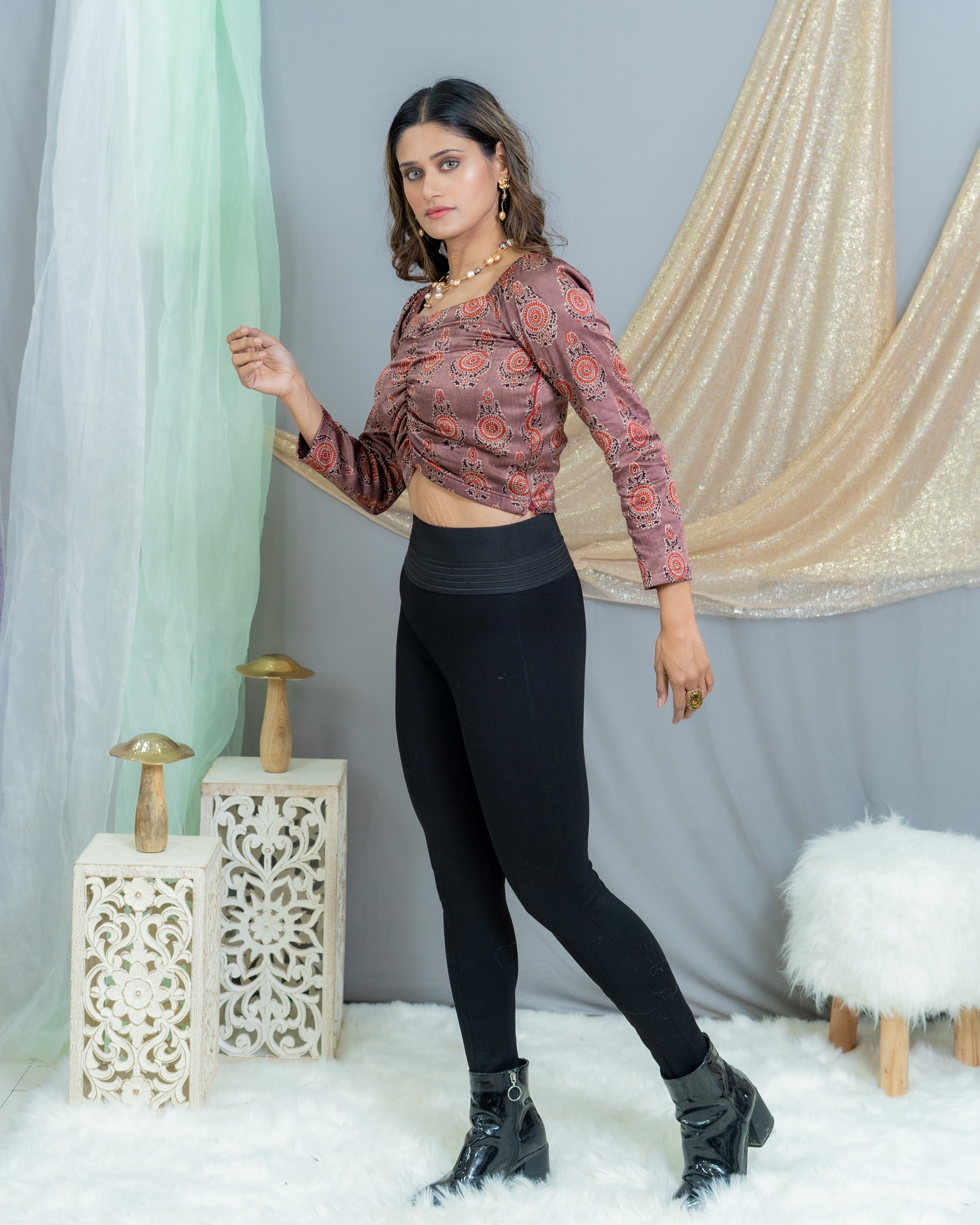 Rose pink Mashru silk ajrakh handblock printed bobin elastic crop top