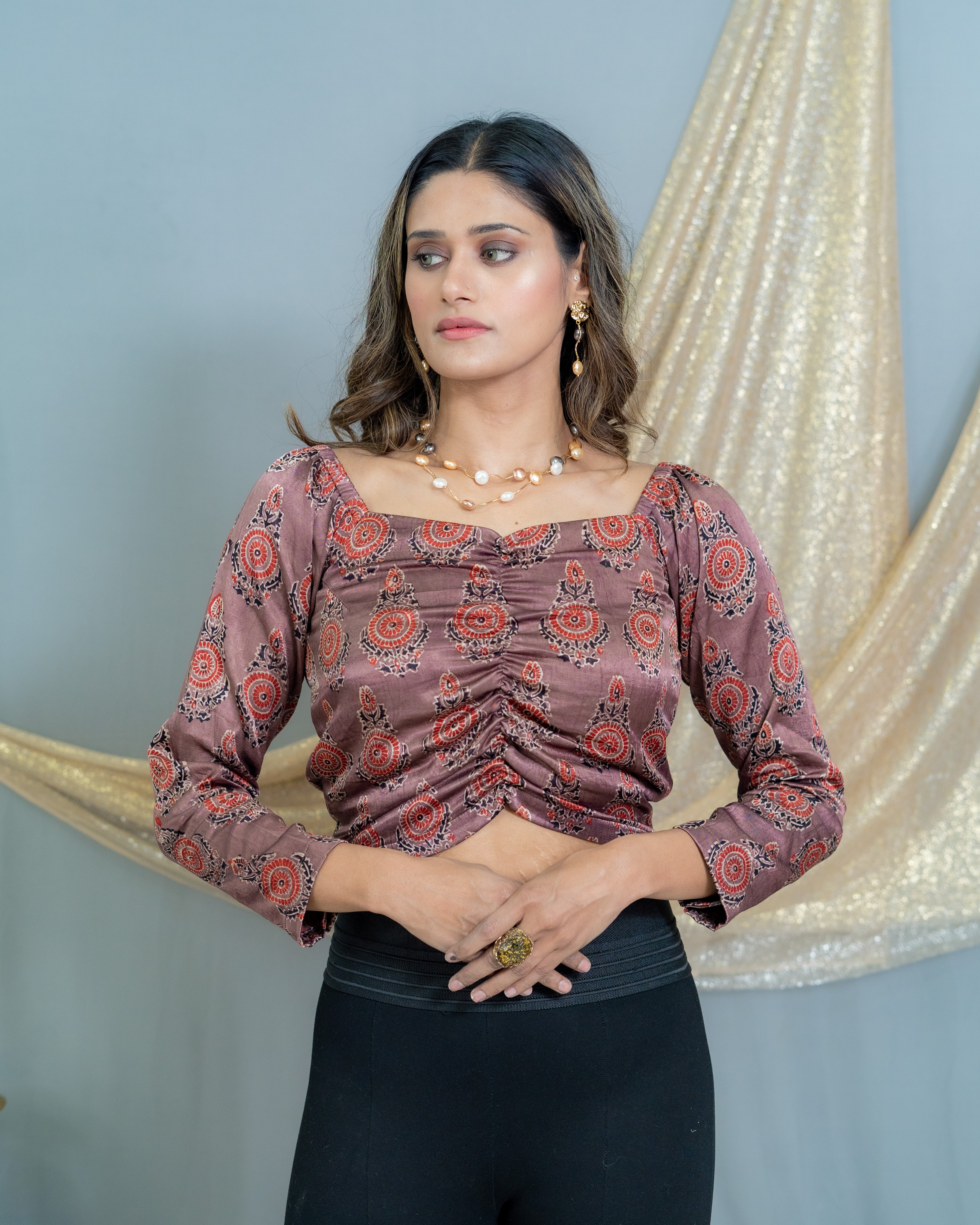 Rose pink Mashru silk ajrakh handblock printed bobin elastic crop top