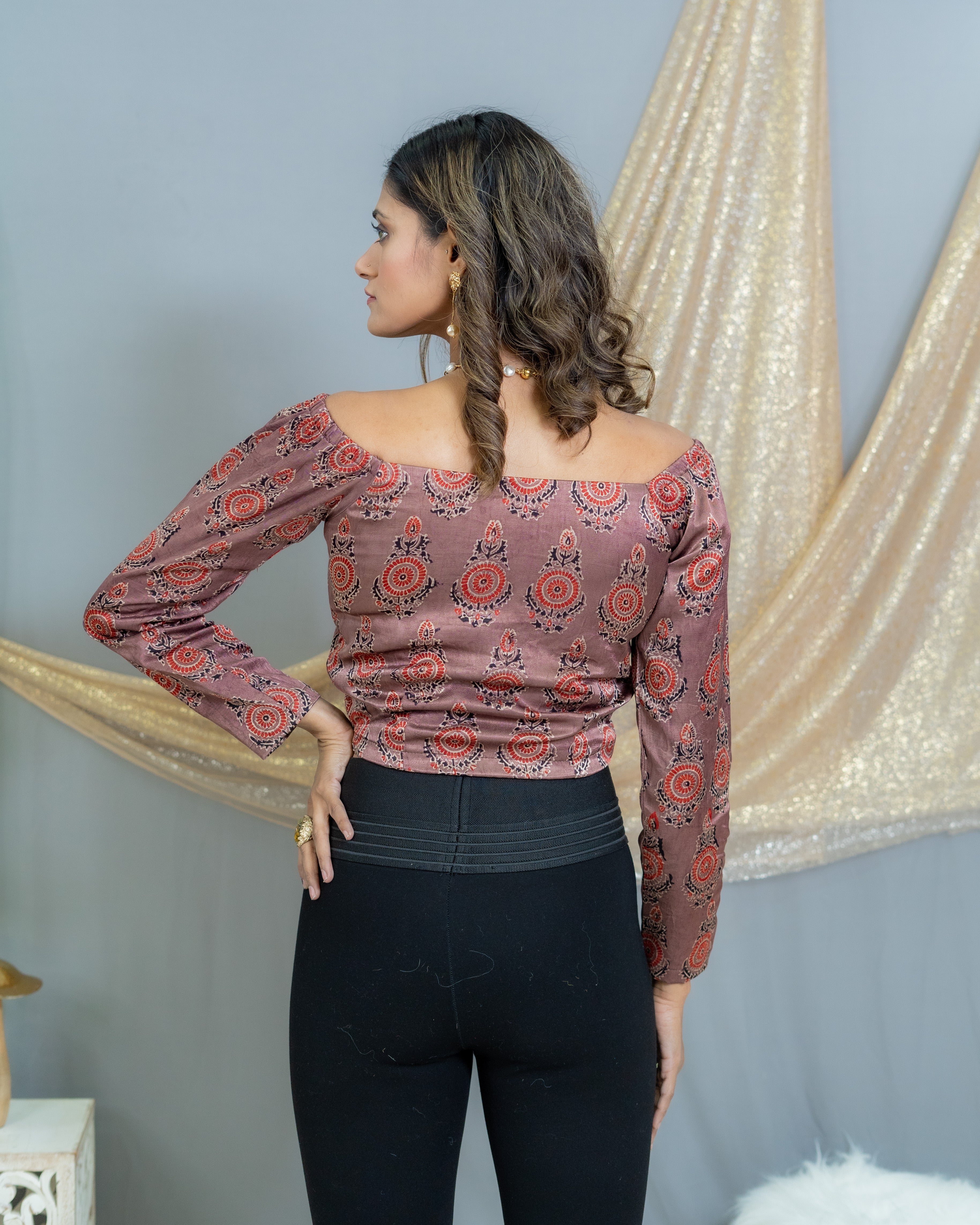 Rose pink Mashru silk ajrakh handblock printed bobin elastic crop top