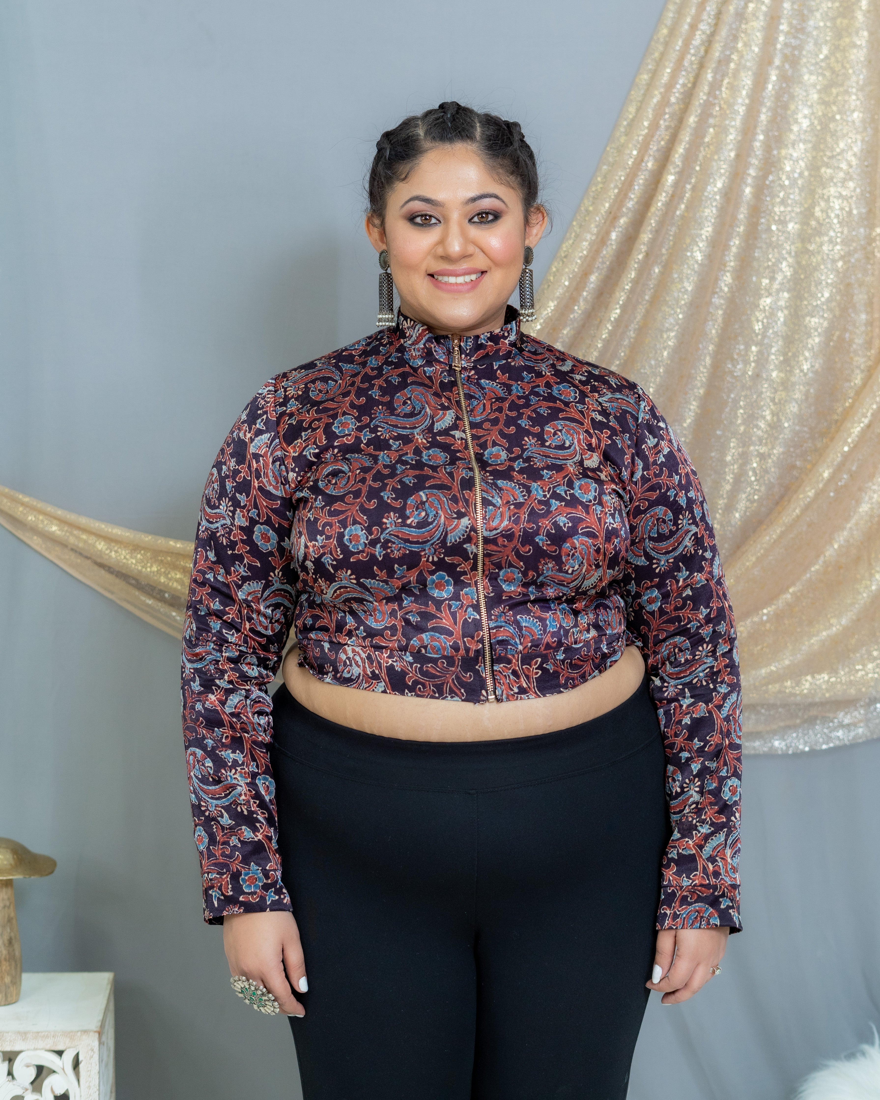 Black Ajrakh Handblock Printed Mashru Silk Crop top with Metal Zip