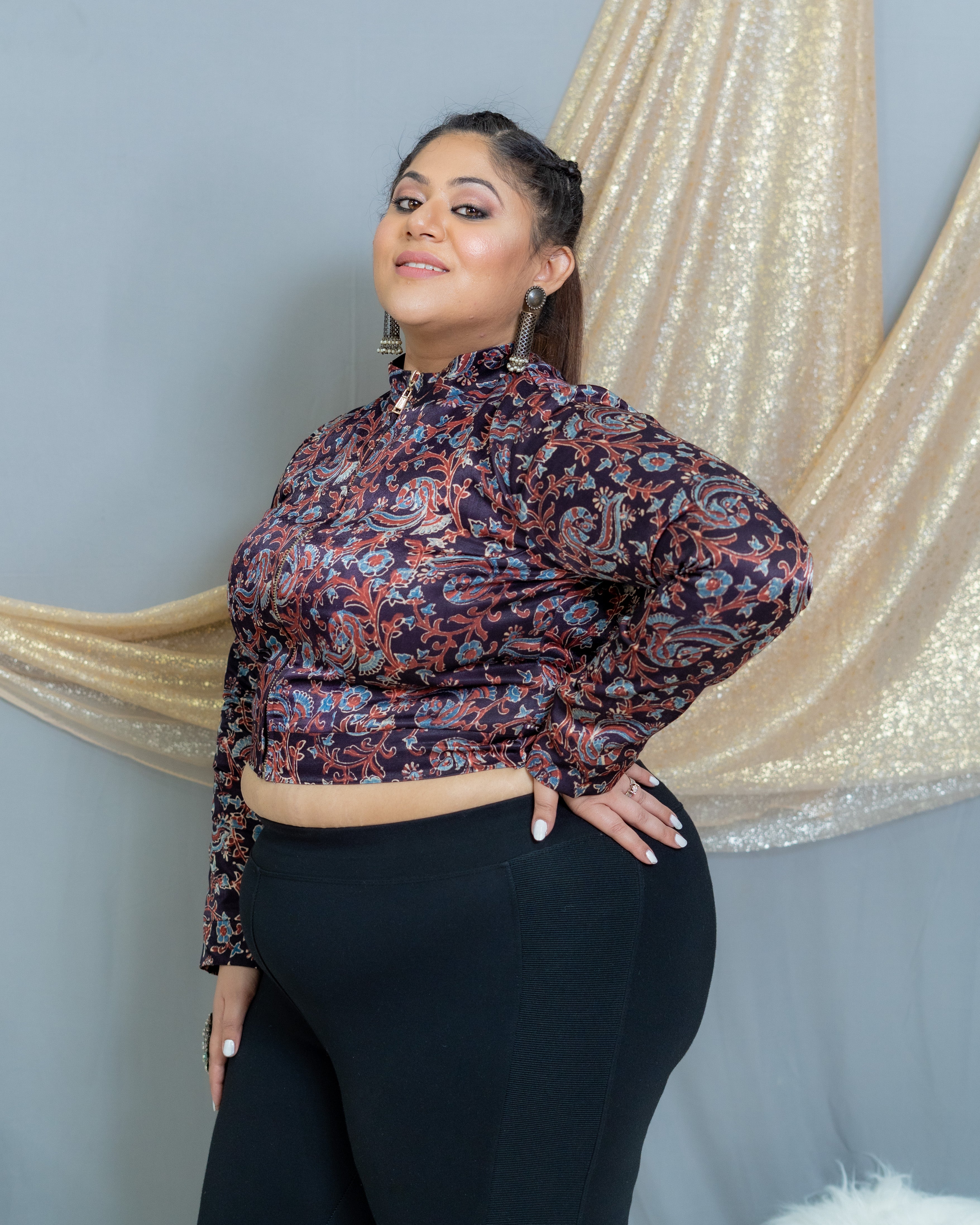 Black Ajrakh Handblock Printed Mashru Silk Crop top with Metal Zip
