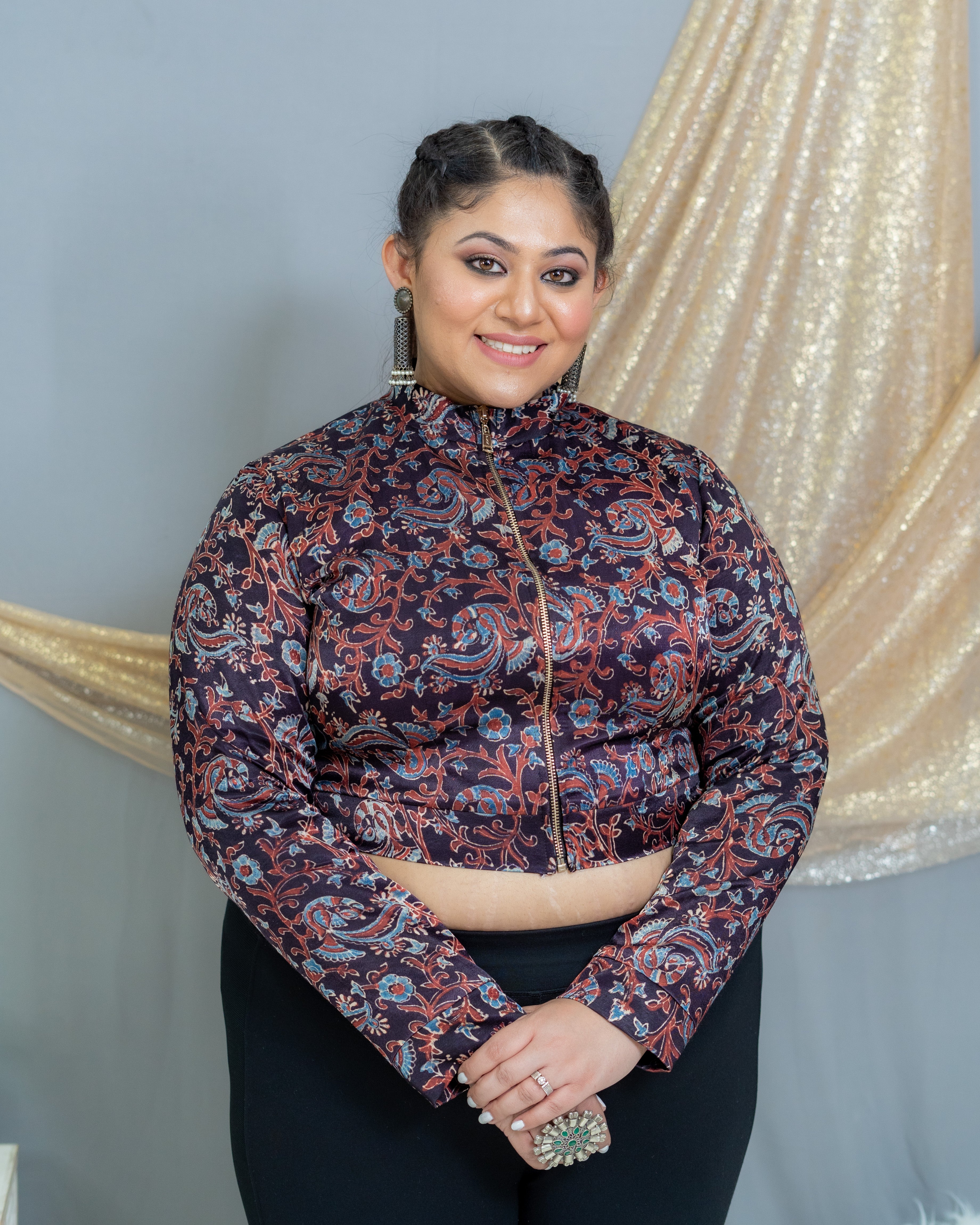 Black Ajrakh Handblock Printed Mashru Silk Crop top with Metal Zip