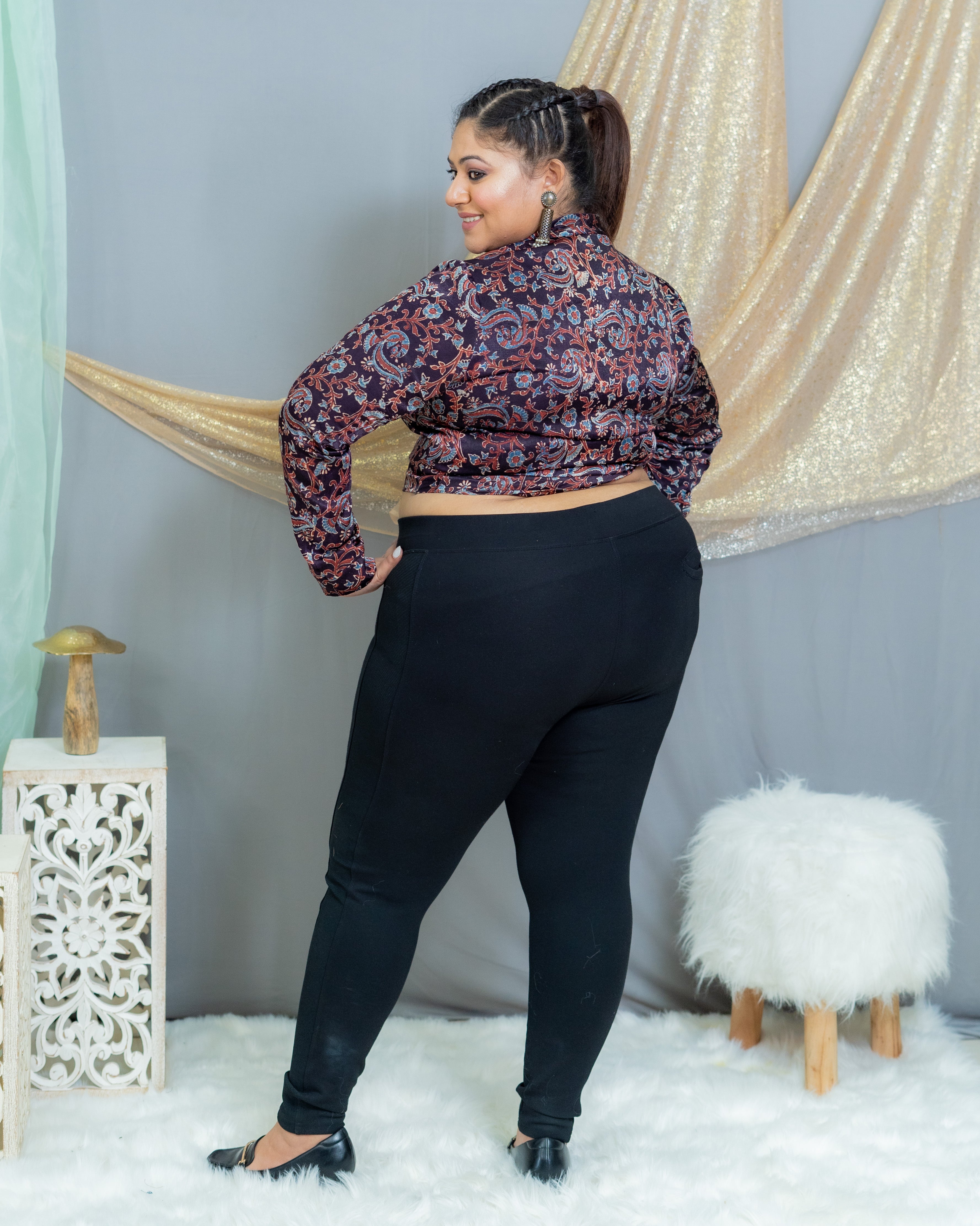 Black Ajrakh Handblock Printed Mashru Silk Crop top with Metal Zip