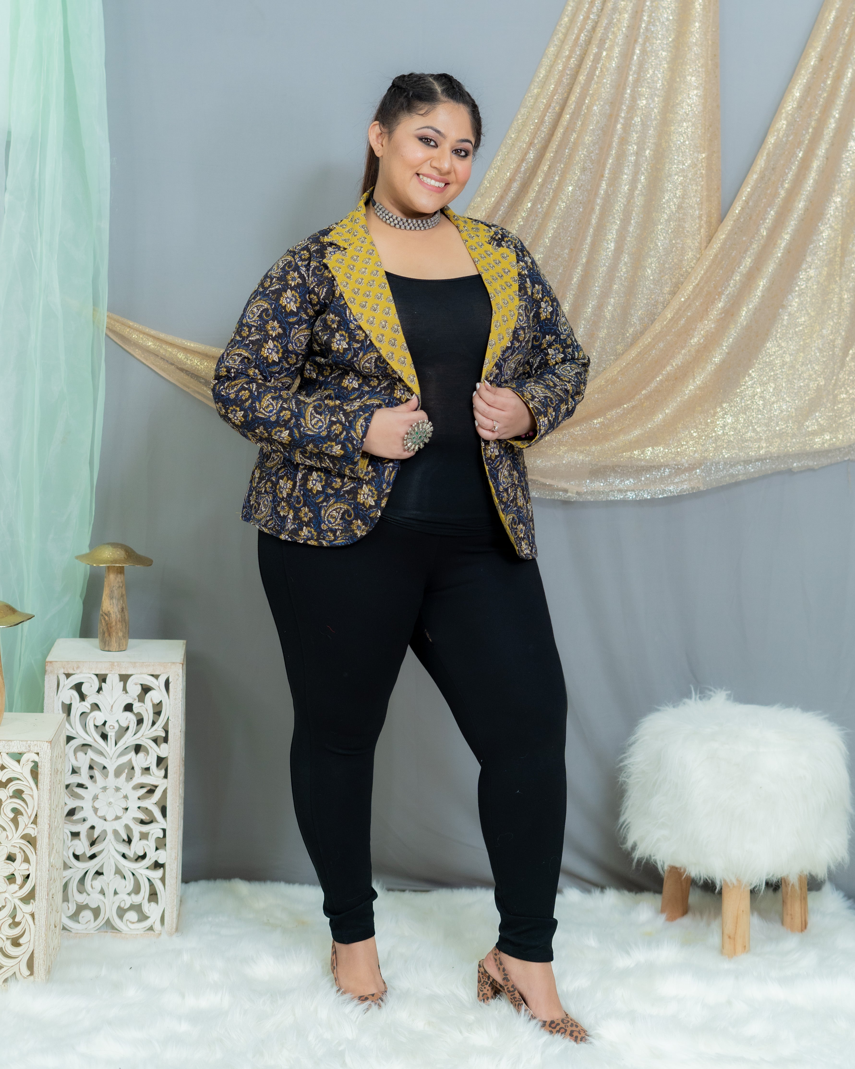 Black & Mustard Bagru Kalamkari Handblock Printed Reversible Quilted Blazer